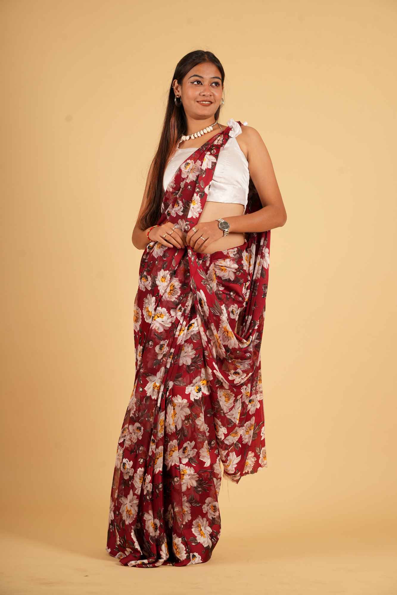 Deep Red Georgette with White & Yellow Floral Print Ready To Wear Saree