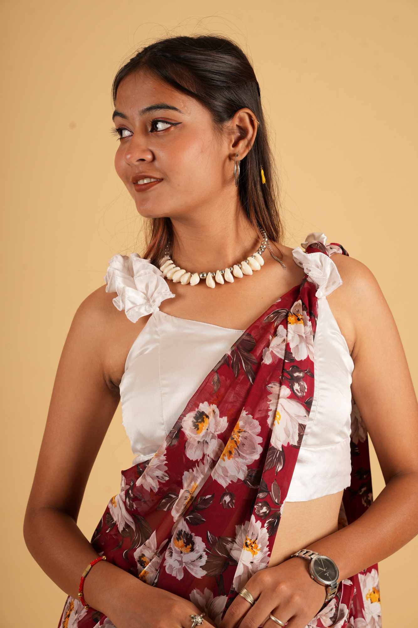 Deep Red Georgette with White & Yellow Floral Print Ready To Wear Saree