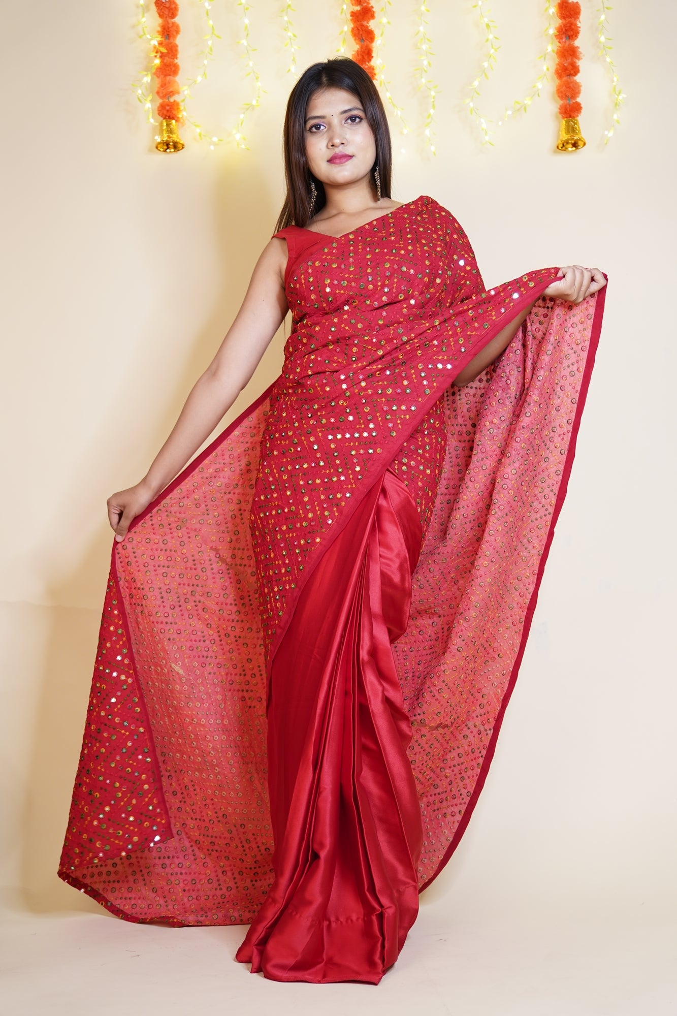 Designer embroidered Mirror Work Half and Half readymade one minute saree with stitched blouse - Isadora Life Online Shopping Store