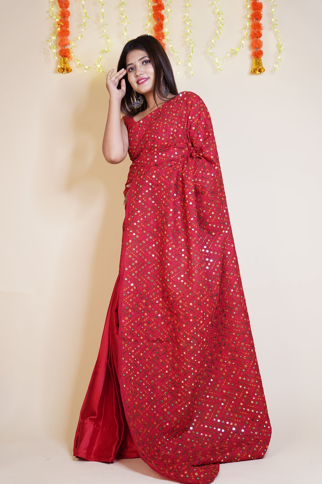 Designer embroidered Mirror Work Half and Half readymade one minute saree with stitched blouse - Isadora Life Online Shopping Store