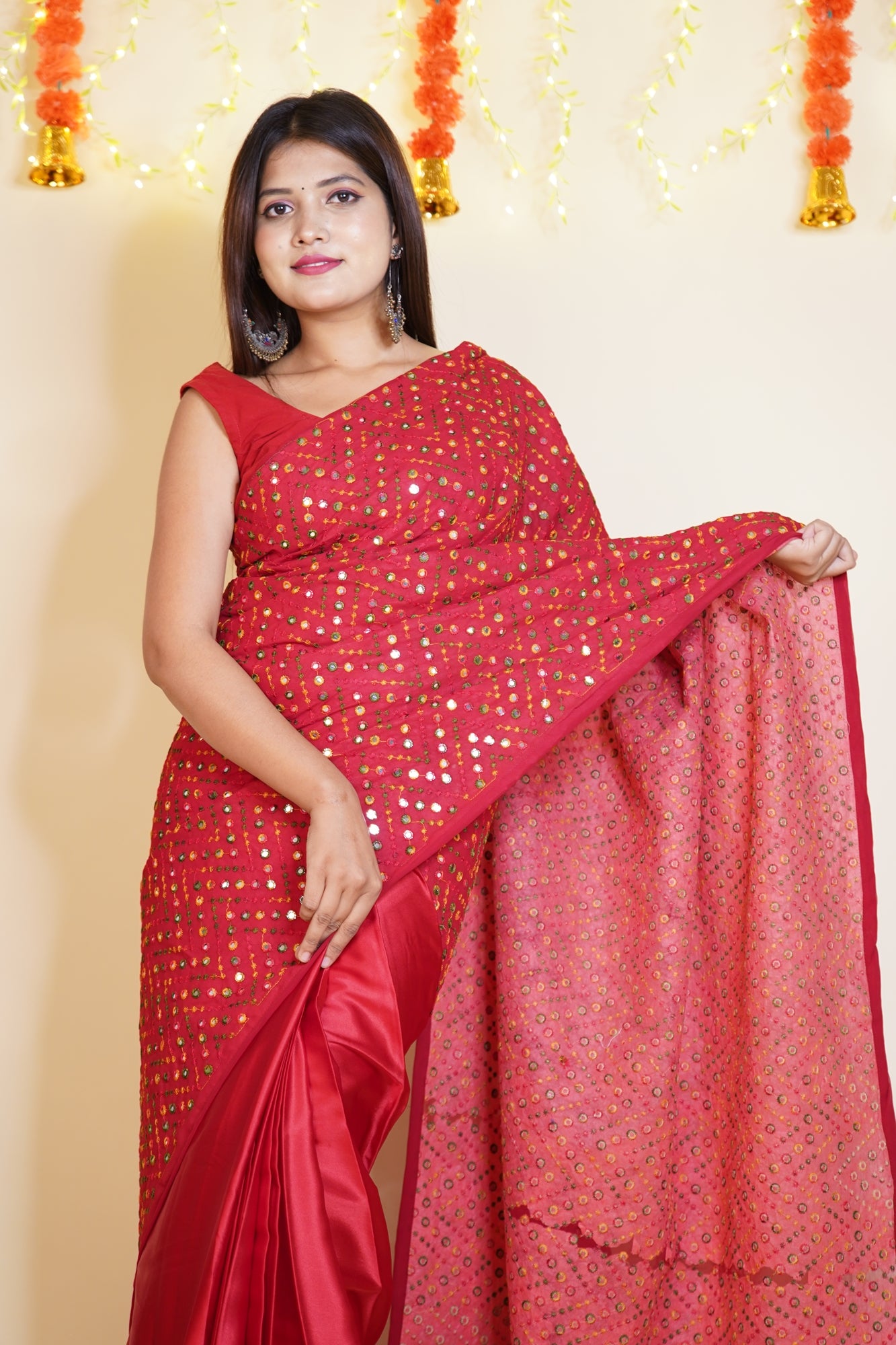 Designer embroidered Mirror Work Half and Half readymade one minute saree with stitched blouse - Isadora Life Online Shopping Store