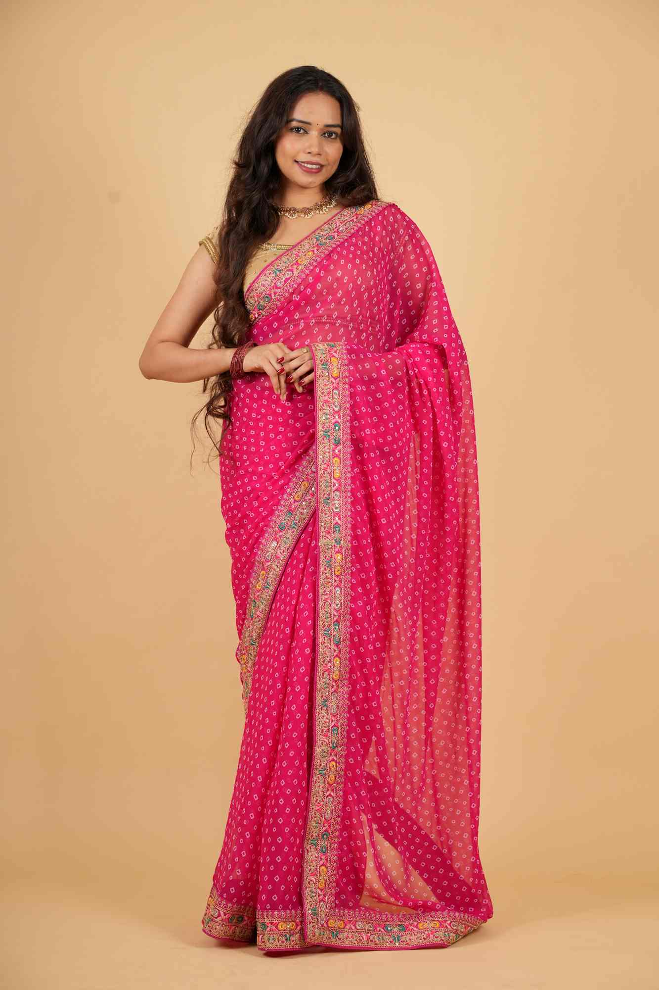 Georgette Bandhani Printed & Embroidery Work In Lace Bordered Ready To Wear Saree