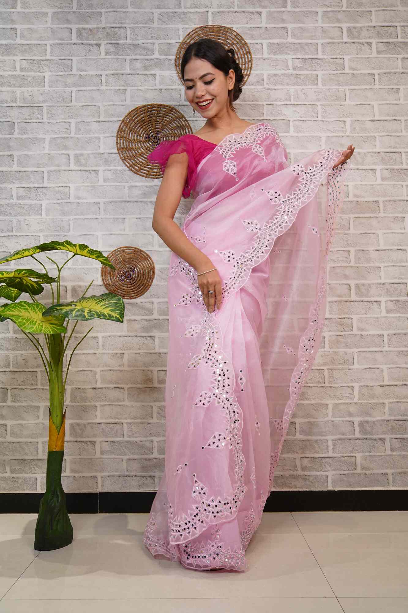 Beautiful Baby Pink Organza With Mirror Border Wrap in one minute