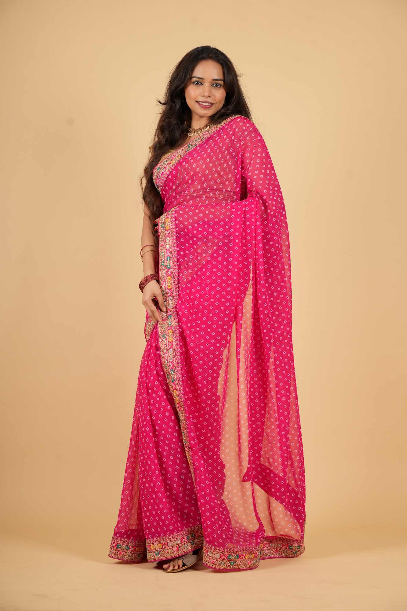 Georgette Bandhani Printed & Embroidery Work In Lace Bordered Ready To Wear Saree