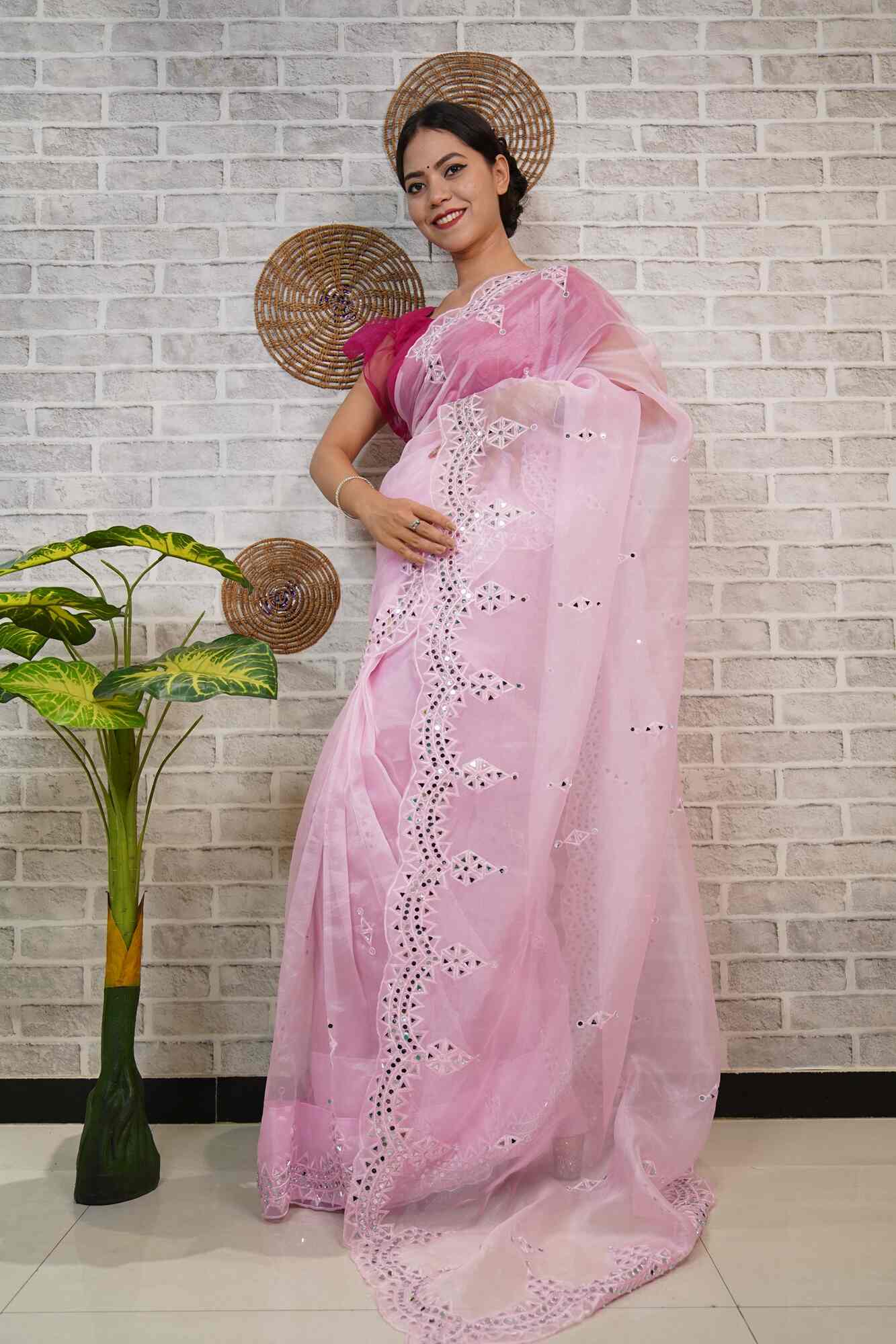 Beautiful Baby Pink Organza With Mirror Border Wrap in one minute saree with readymade blouse - Isadora Life Online Shopping Store