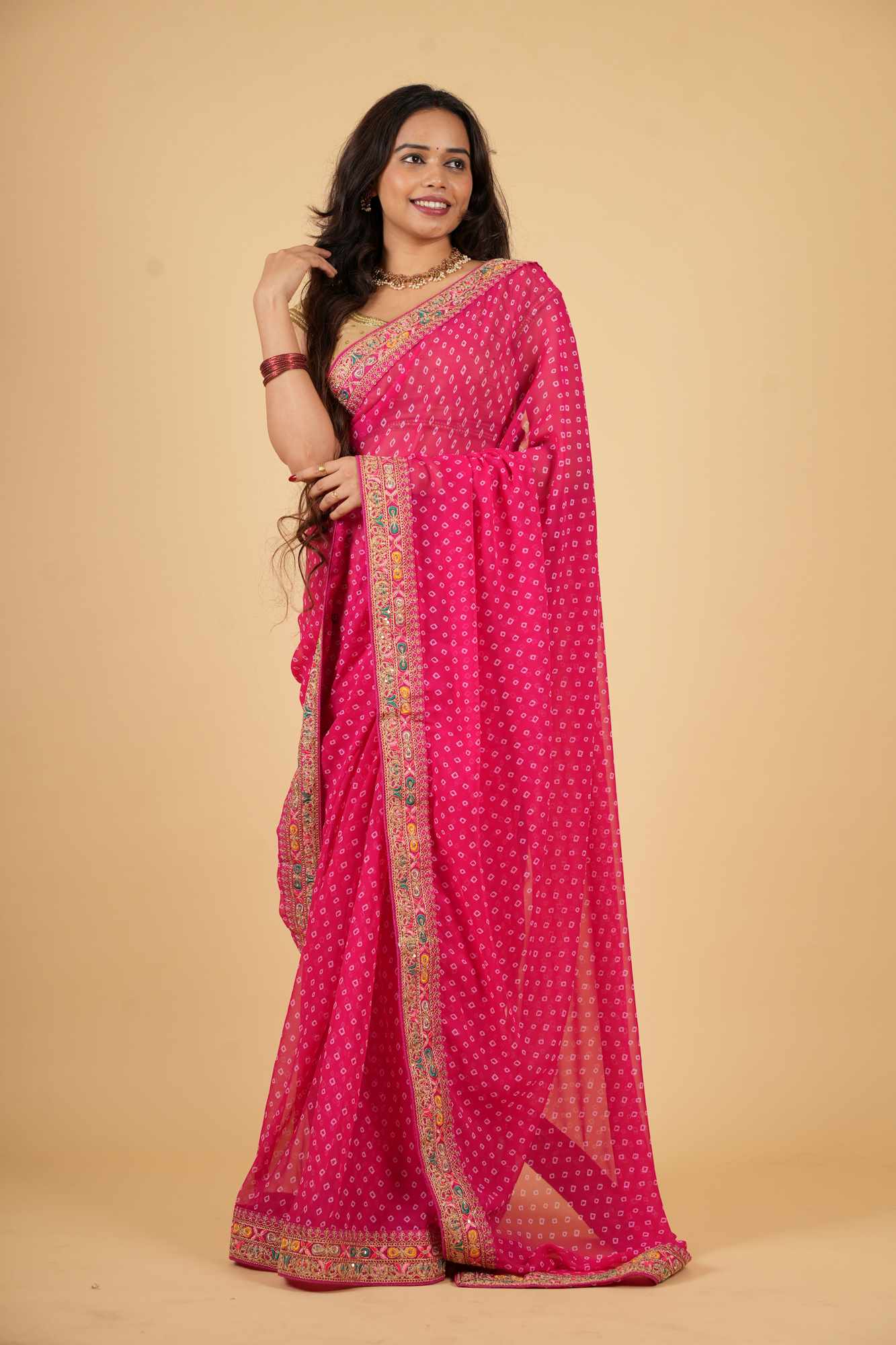 Georgette Bandhani Printed & Embroidery Work In Lace Bordered Ready To Wear Saree