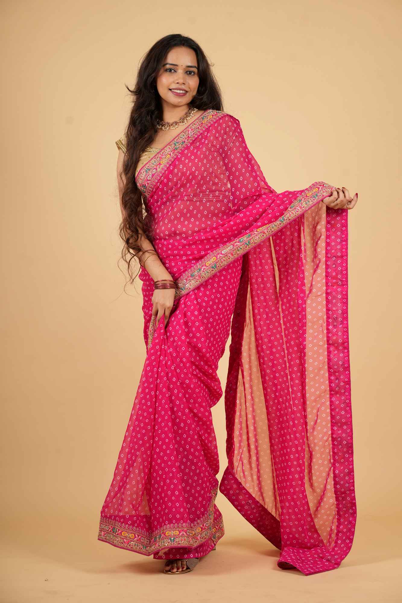 Georgette Bandhani Printed & Embroidery Work In Lace Bordered Ready To Wear Saree