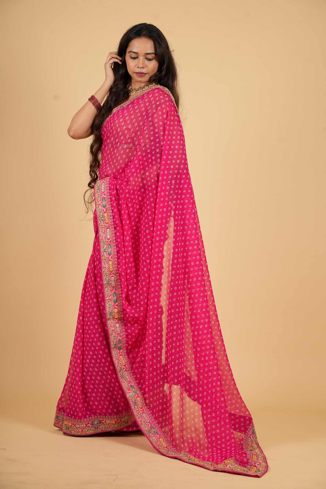 Georgette Bandhani Printed & Embroidery Work In Lace Bordered Ready To Wear Saree
