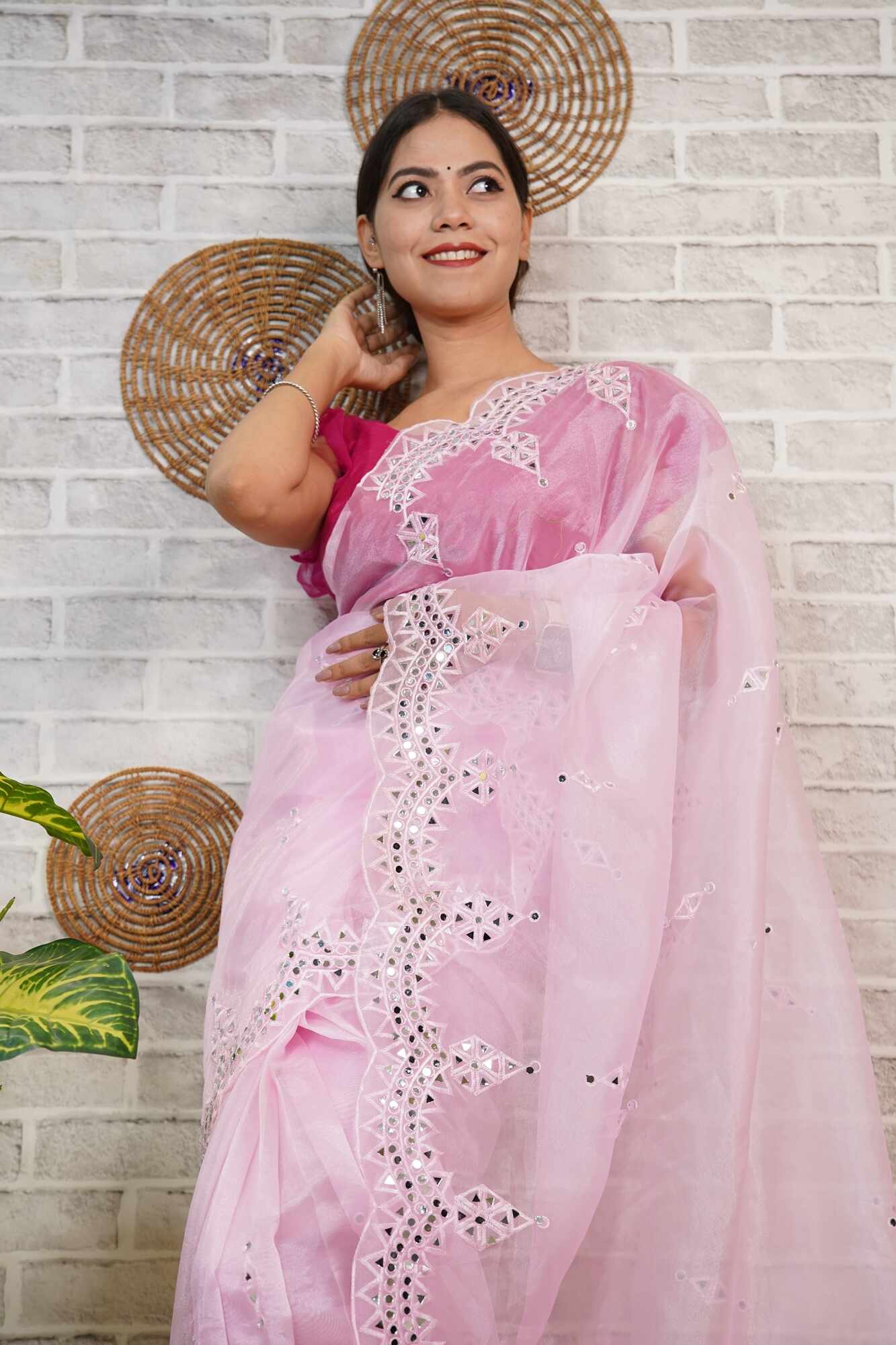 Beautiful Baby Pink Organza With Mirror Border Wrap in one minute saree with readymade blouse - Isadora Life Online Shopping Store