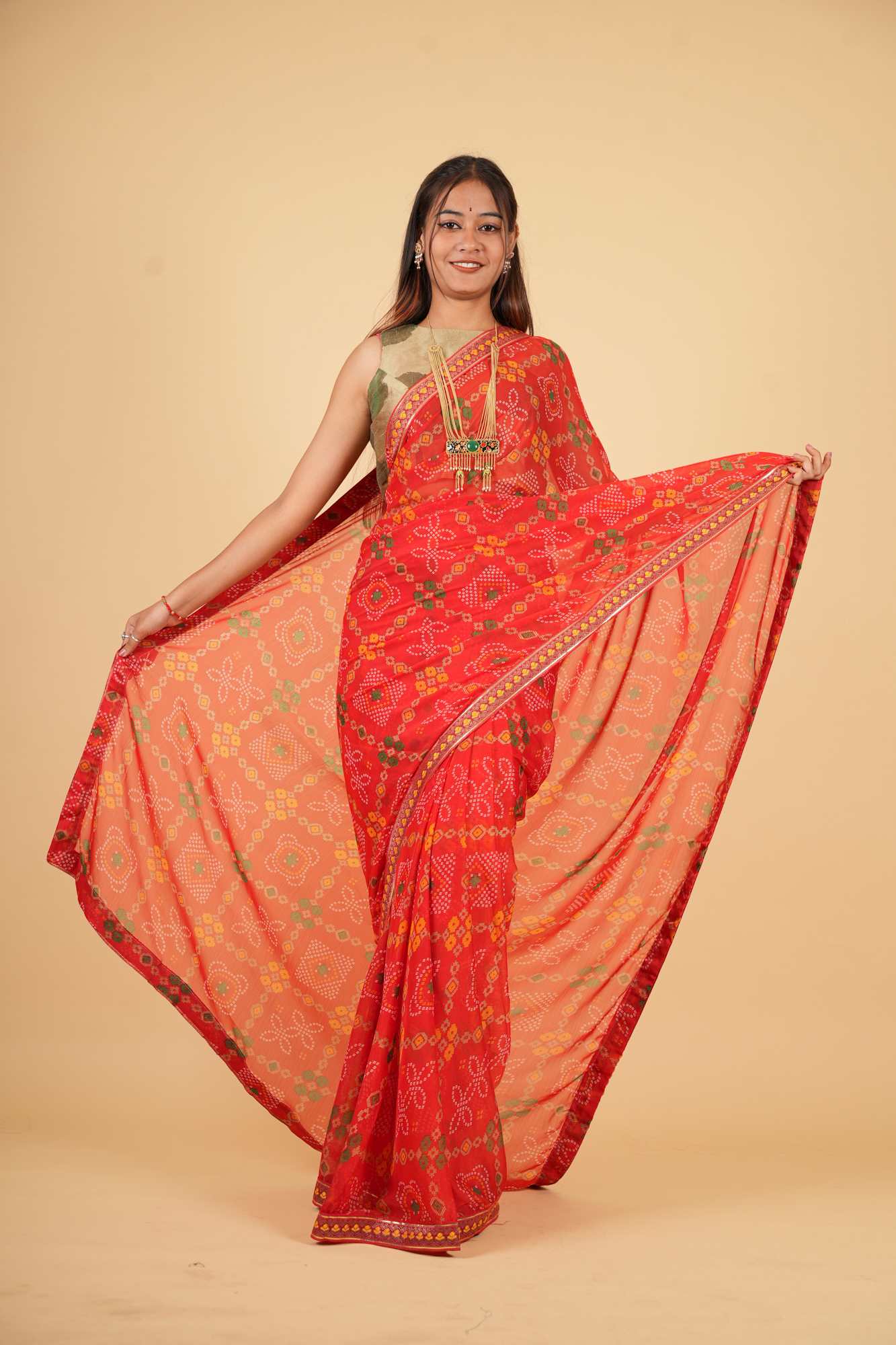 Vibrant Red Bandhej Georgette with Gota Patti Border Ready To Wear Saree