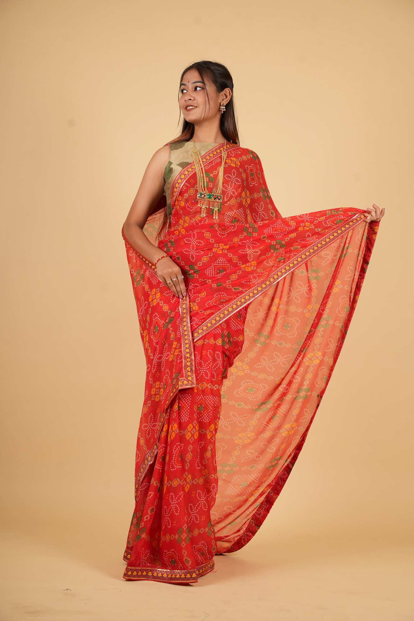 Vibrant Red Bandhej Georgette with Gota Patti Border Ready To Wear Saree