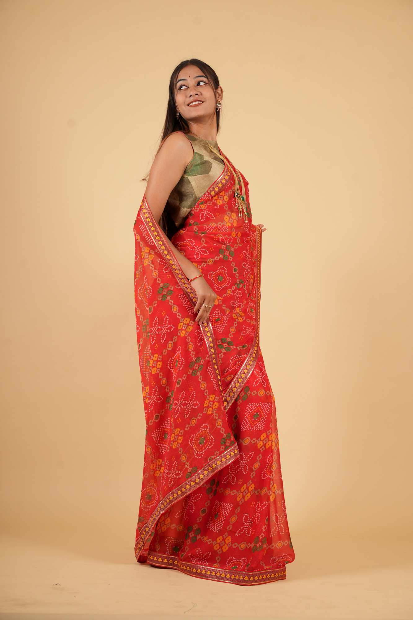 Vibrant Red Bandhej Georgette with Gota Patti Border Ready To Wear Saree