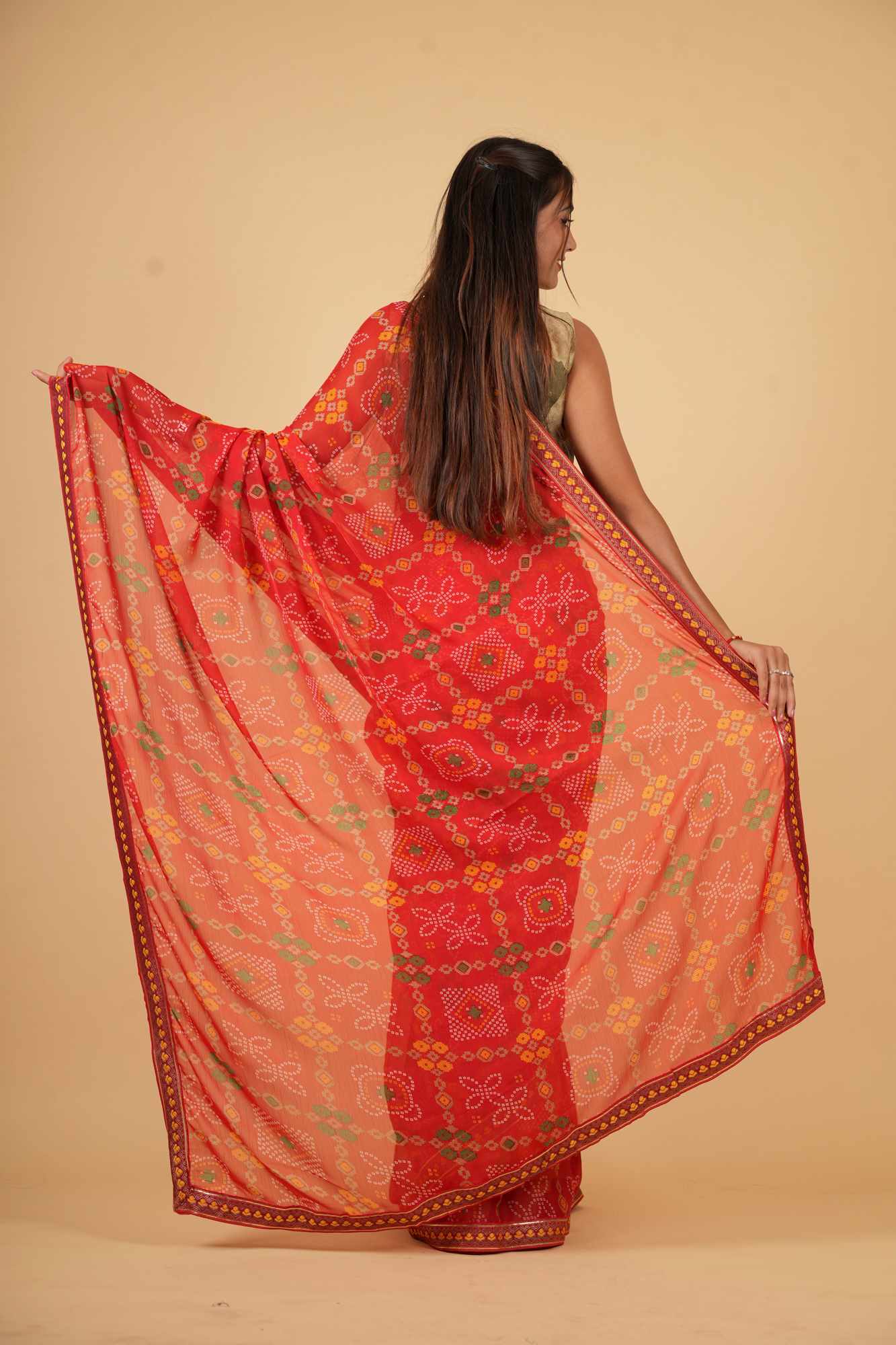 Vibrant Red Bandhej Georgette with Gota Patti Border Ready To Wear Saree