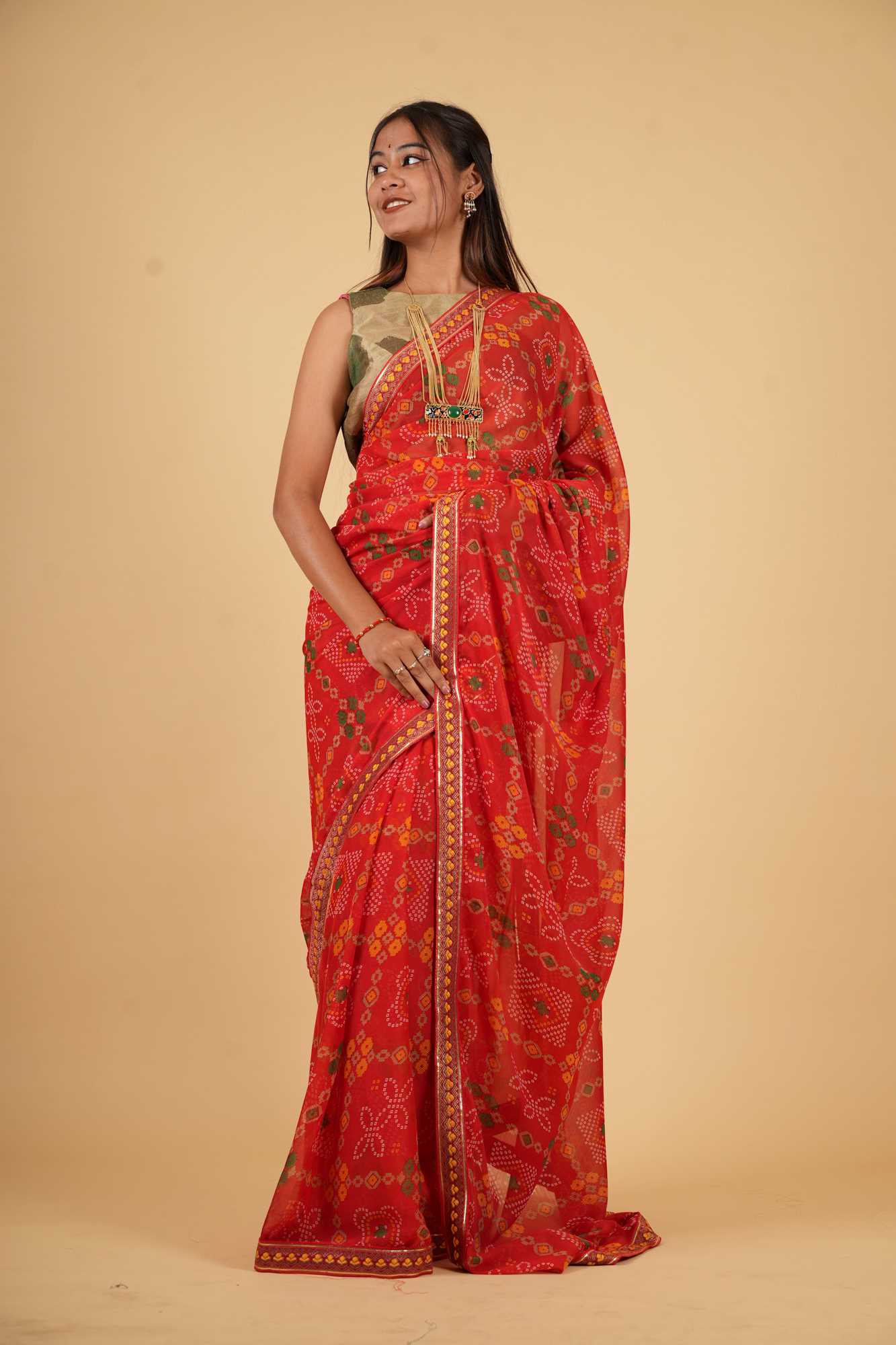 Vibrant Red Bandhej Georgette with Gota Patti Border Ready To Wear Saree