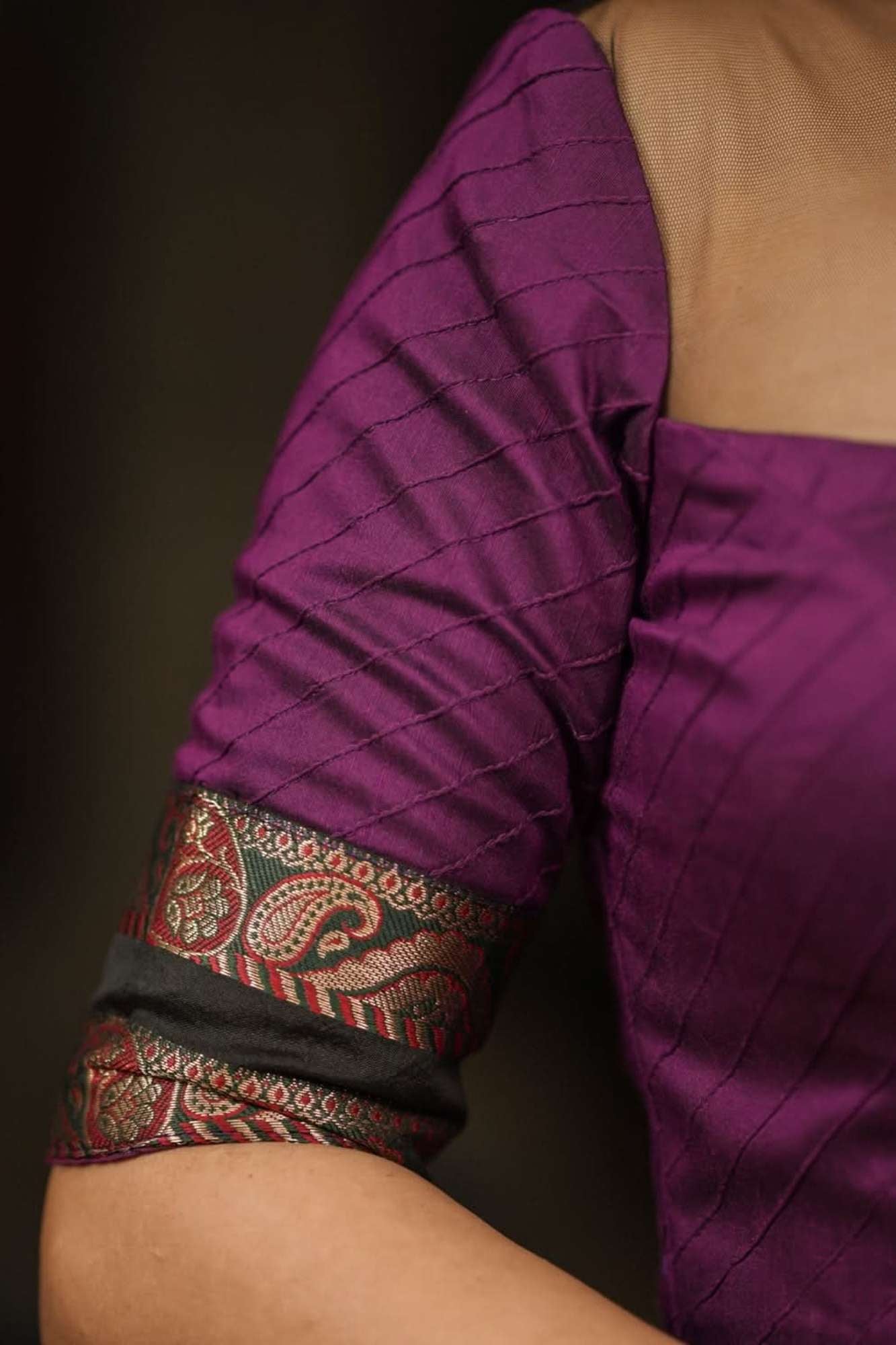 Grape rawsilk pintuck collar neck blouse with black net yoke, Made to Order