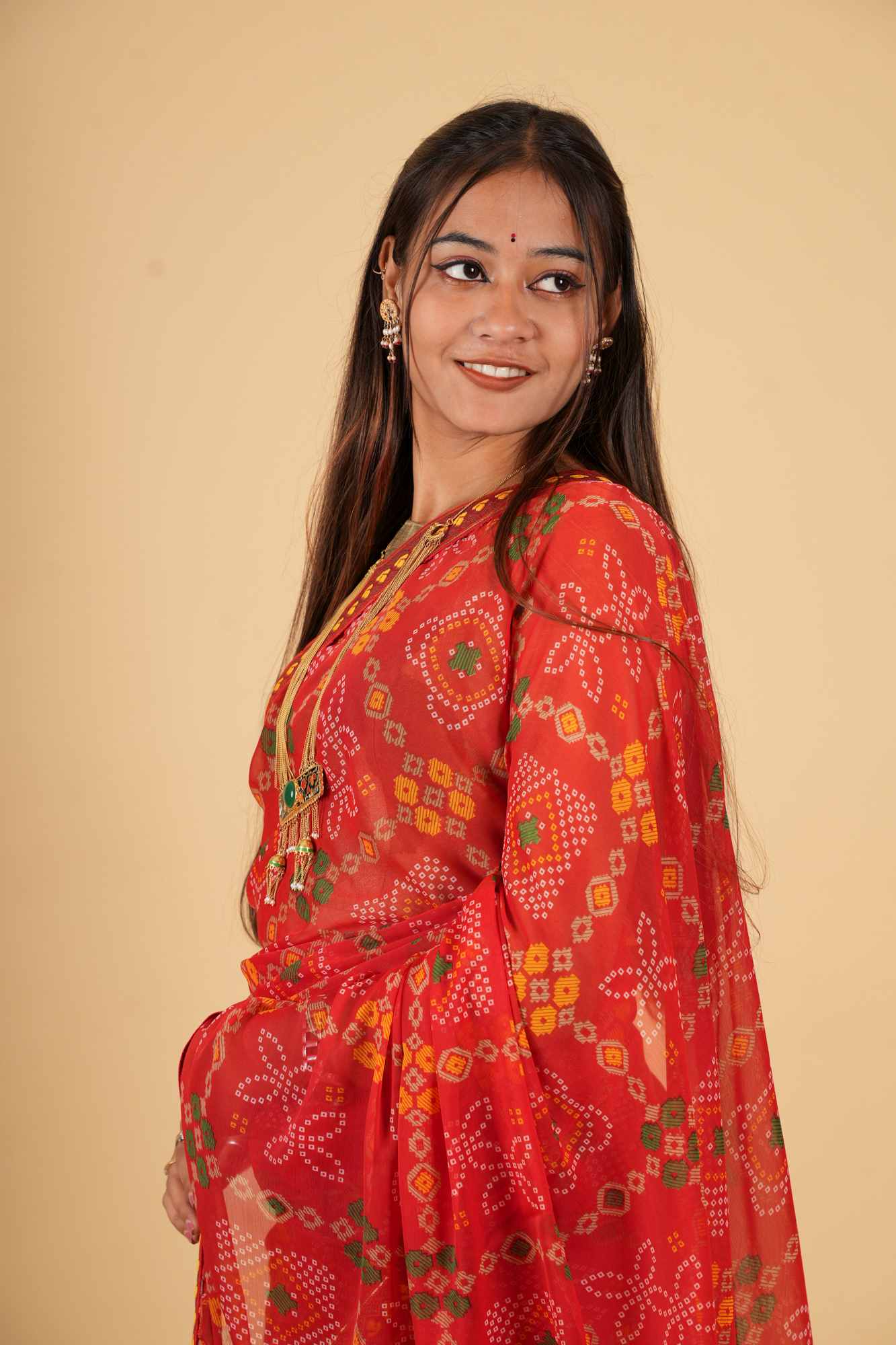 Vibrant Red Bandhej Georgette with Gota Patti Border Ready To Wear Saree