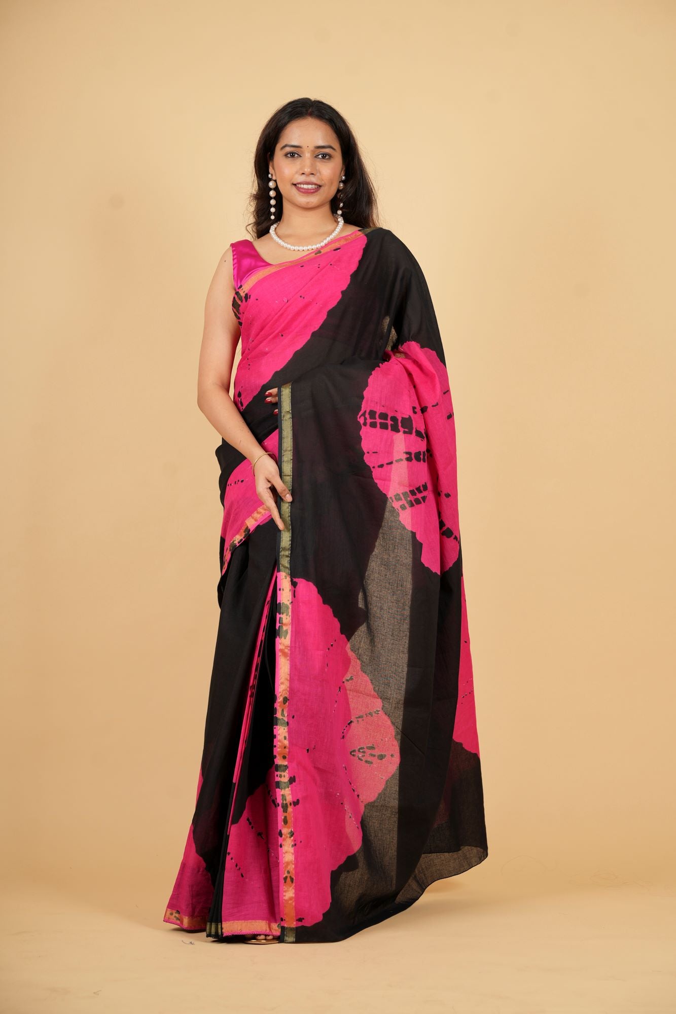 Cotton in Black and Pink with Gold Border and Tie-Dye Ready To Wear Saree