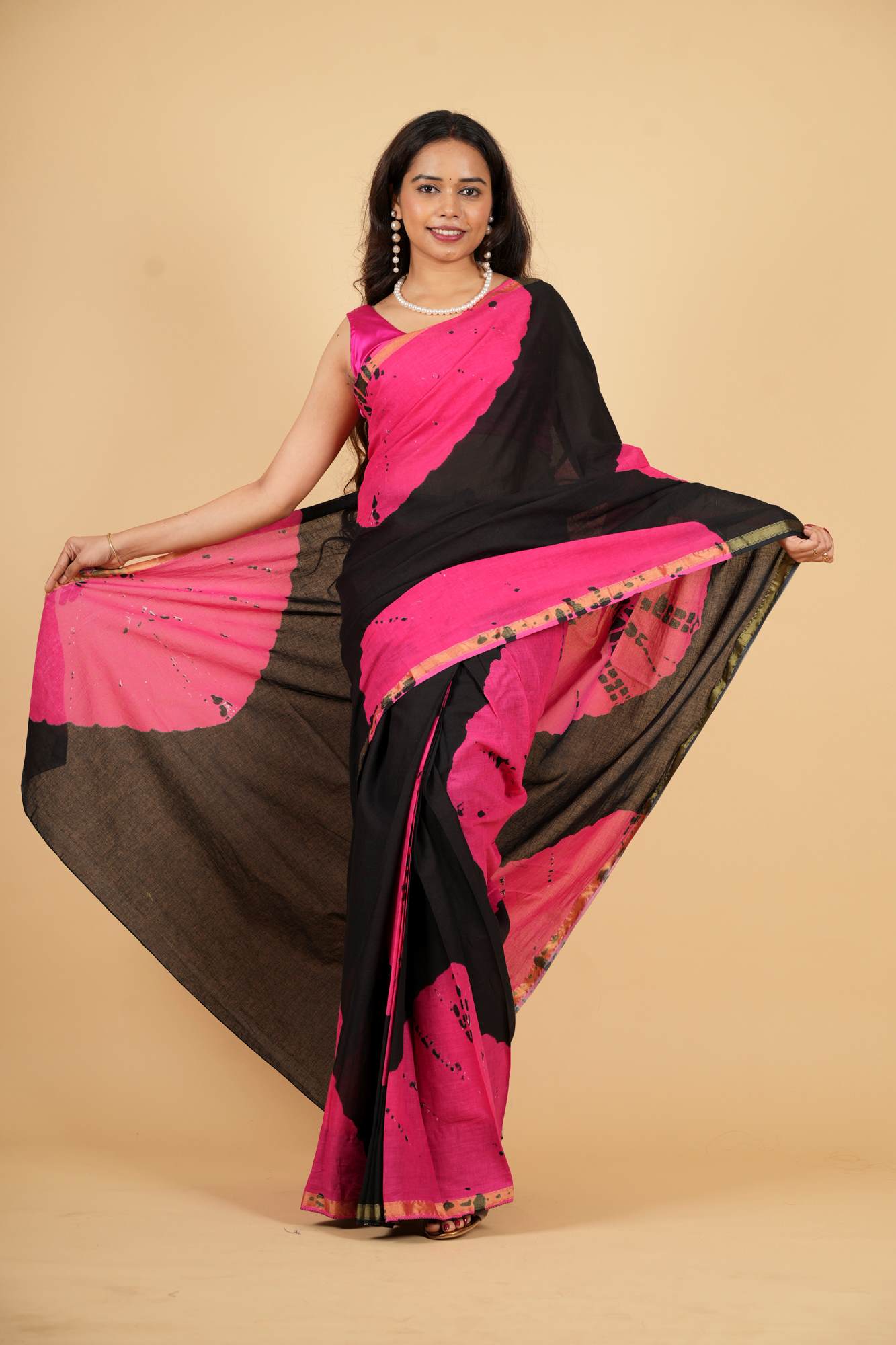 Cotton in Black and Pink with Gold Border and Tie-Dye Ready To Wear Saree