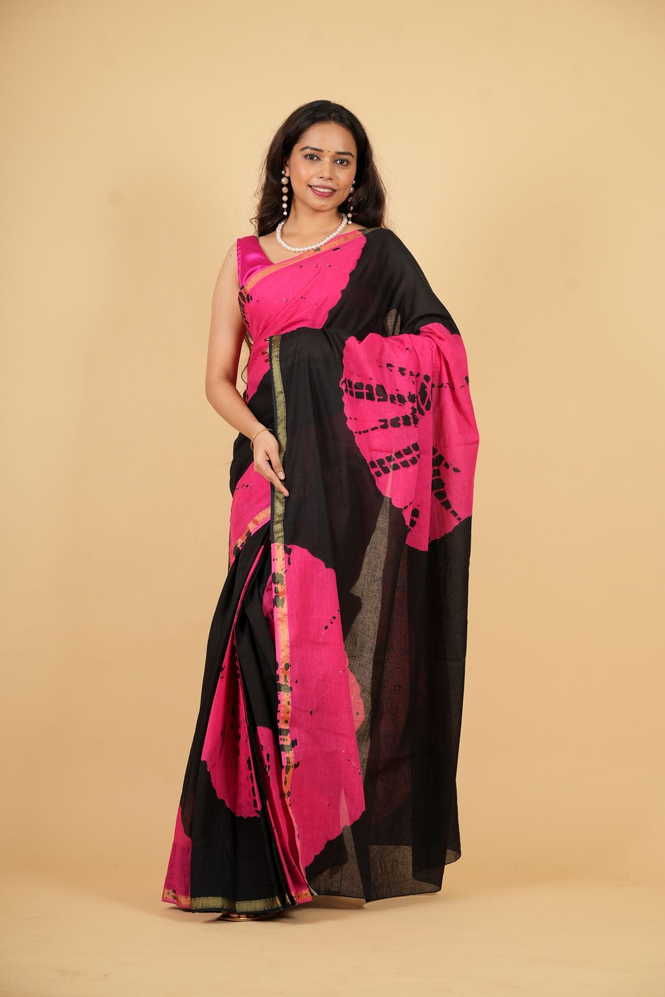 Cotton in Black and Pink with Gold Border and Tie-Dye Ready To Wear Saree