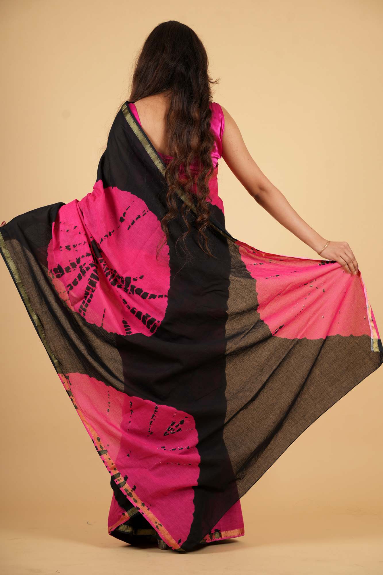 Cotton in Black and Pink with Gold Border and Tie-Dye Ready To Wear Saree