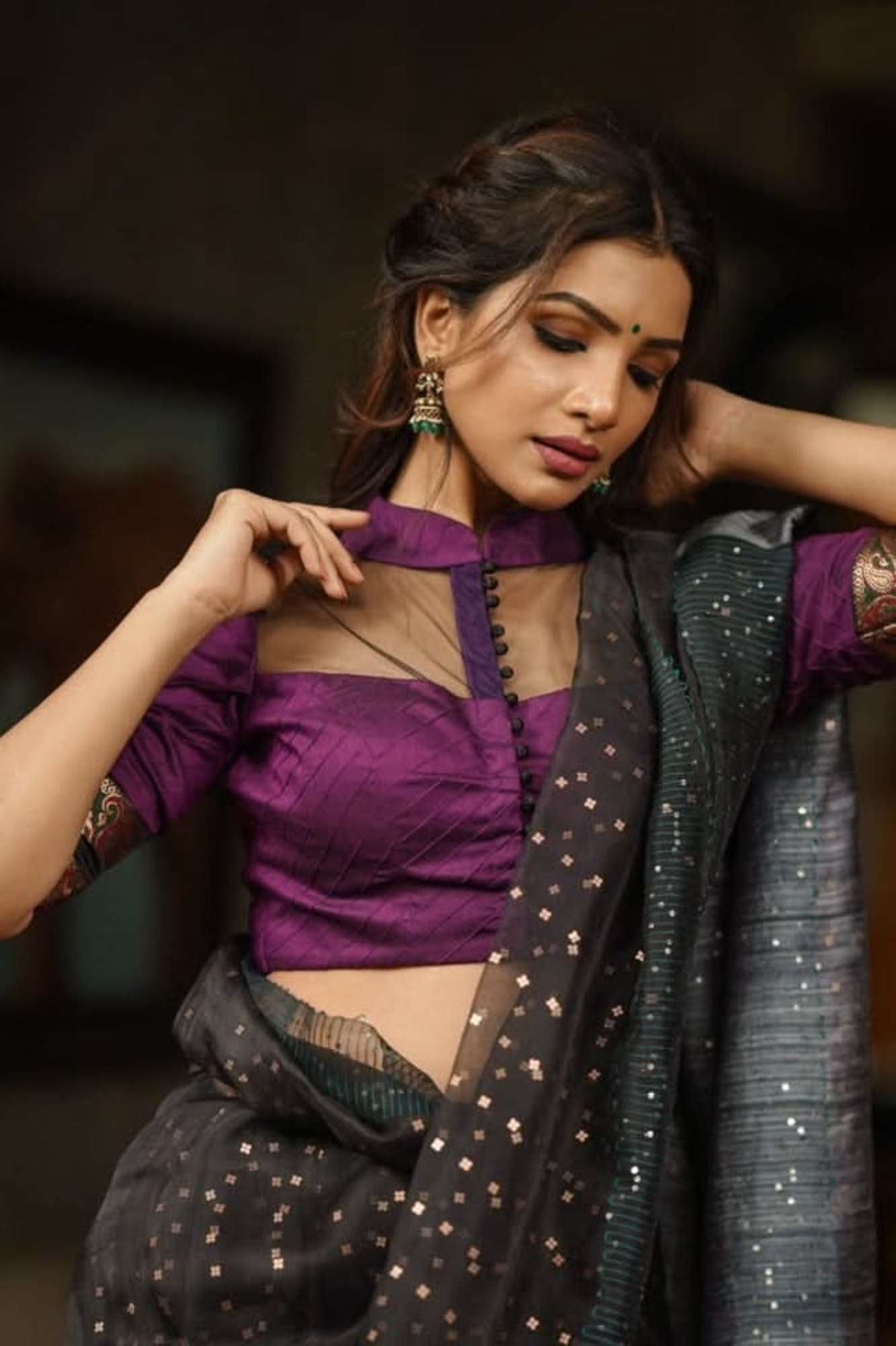 Grape rawsilk pintuck collar neck blouse with black net yoke, Made to Order