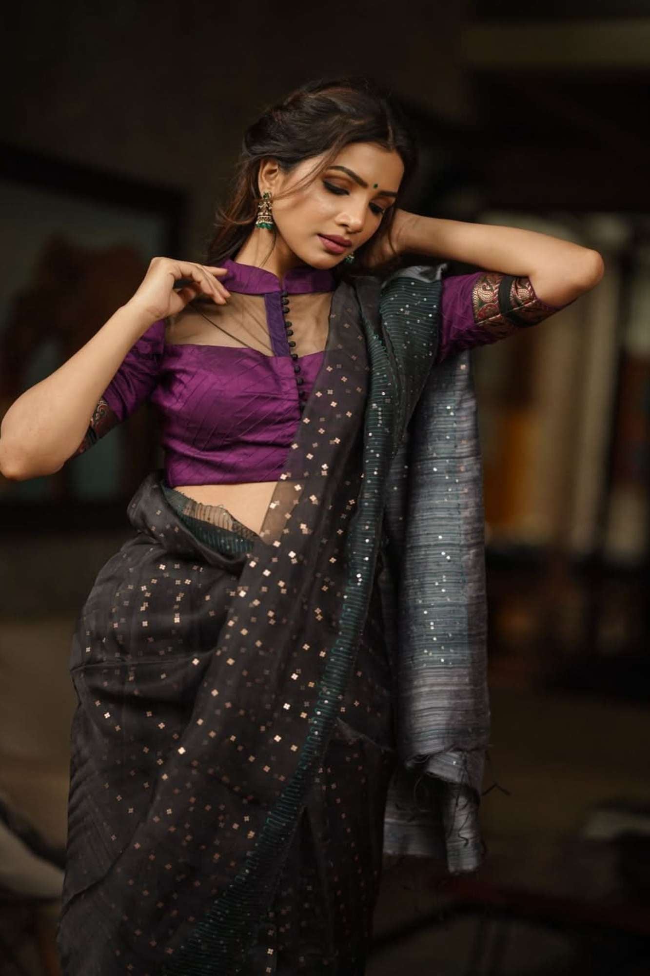 Grape rawsilk pintuck collar neck blouse with black net yoke, Made to Order