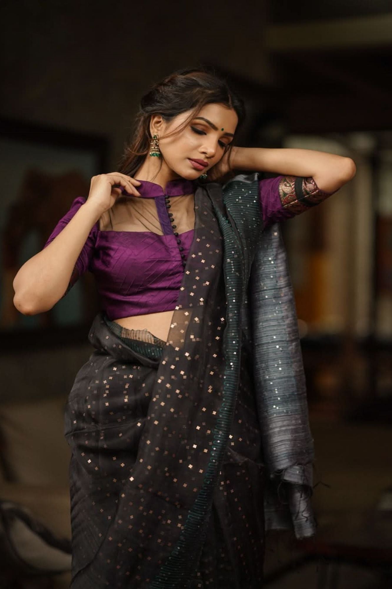 Grape rawsilk pintuck collar neck blouse with black net yoke, Made to Order