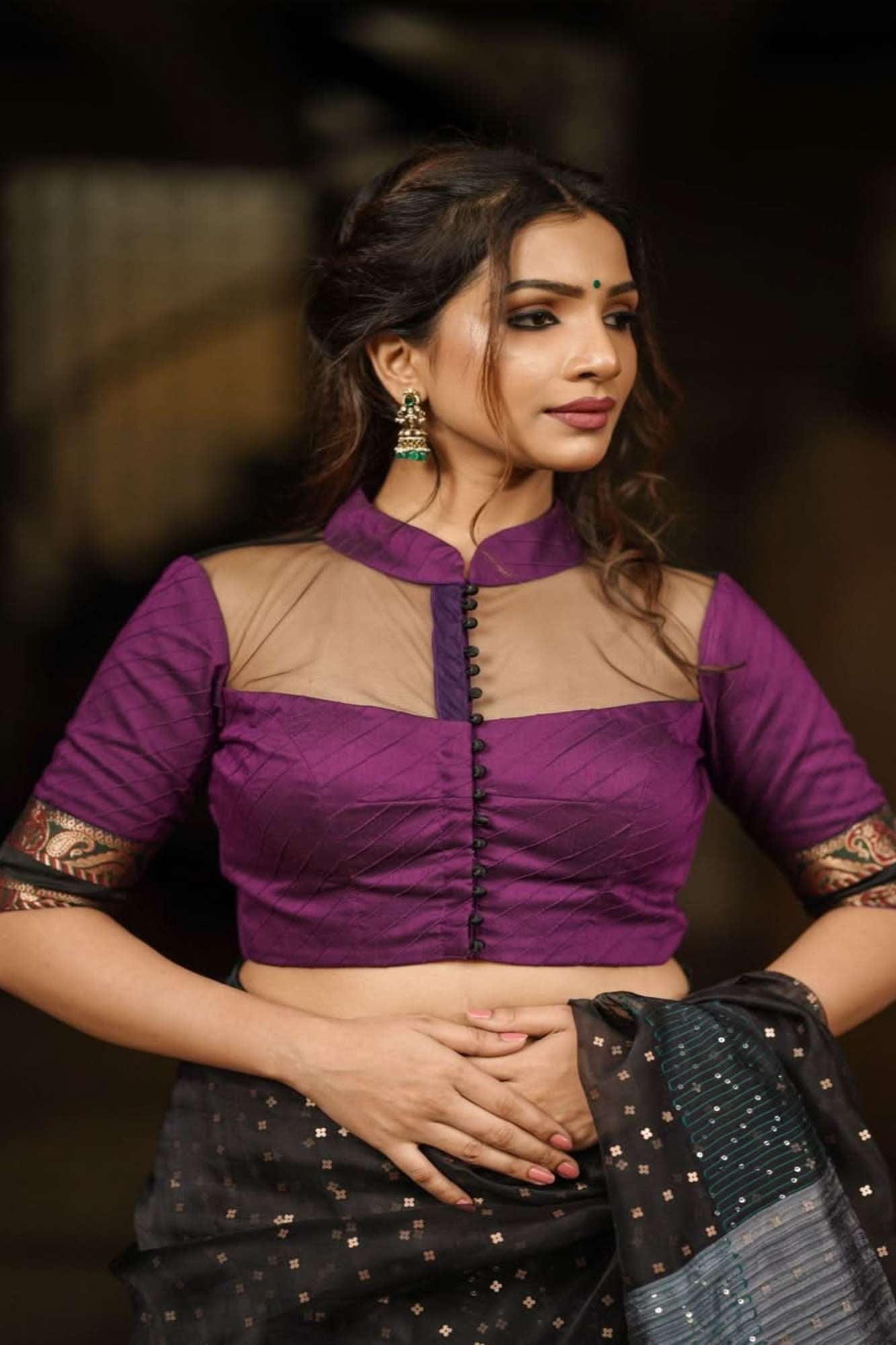 Grape rawsilk pintuck collar neck blouse with black net yoke, Made to Order