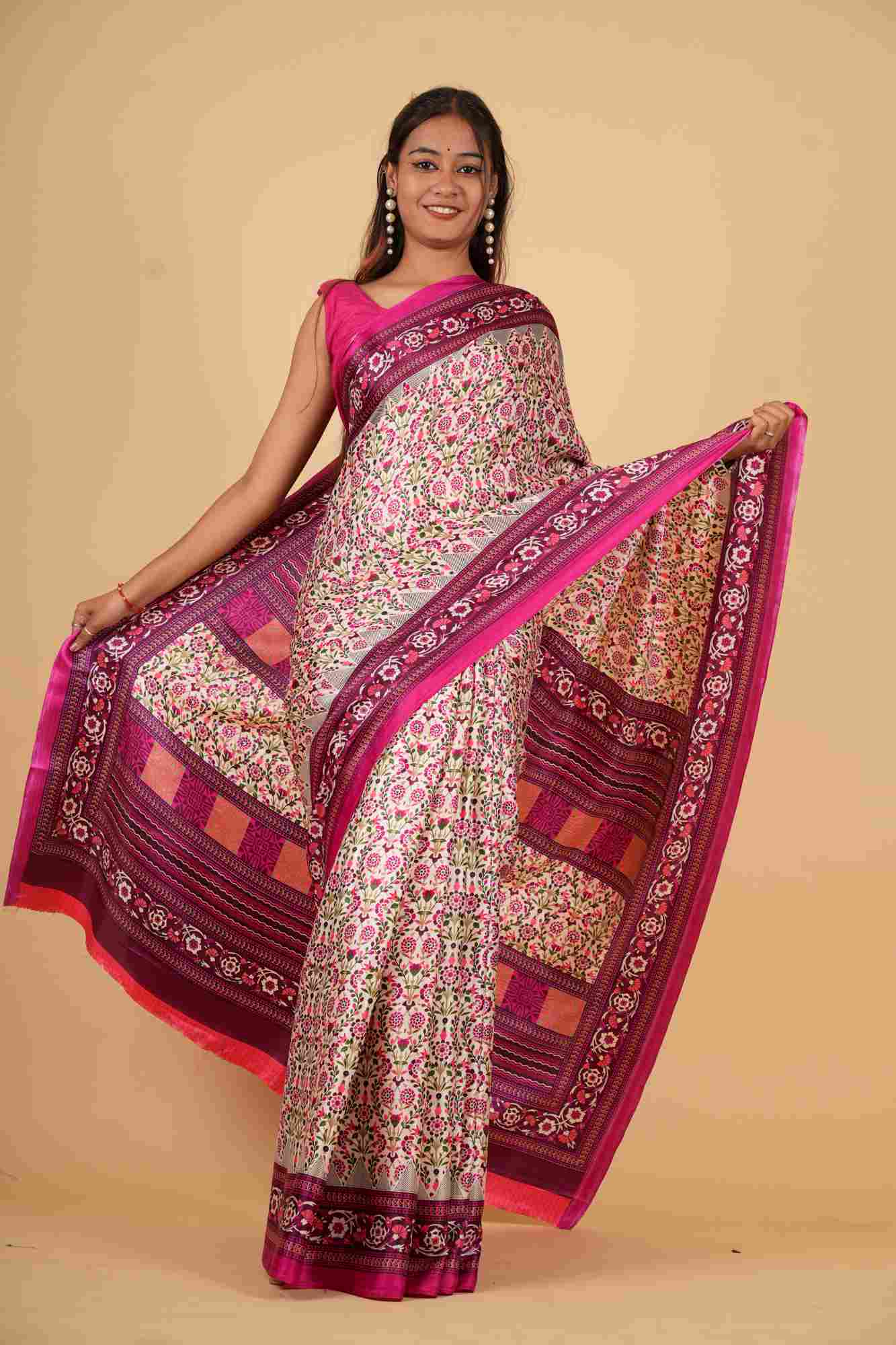 Ivory & Magenta Silk Blend with Floral Weave Ready To Wear Saree