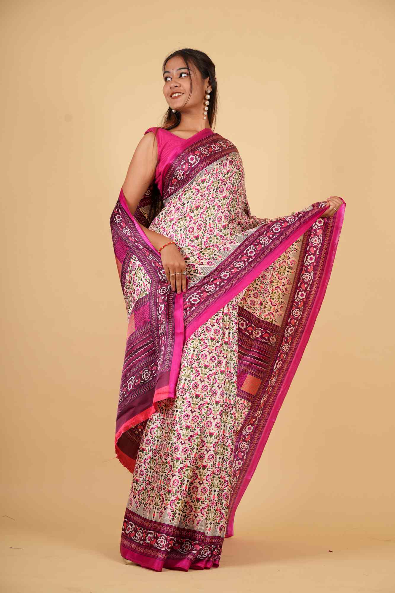 Ivory & Magenta Silk Blend with Floral Weave Ready To Wear Saree