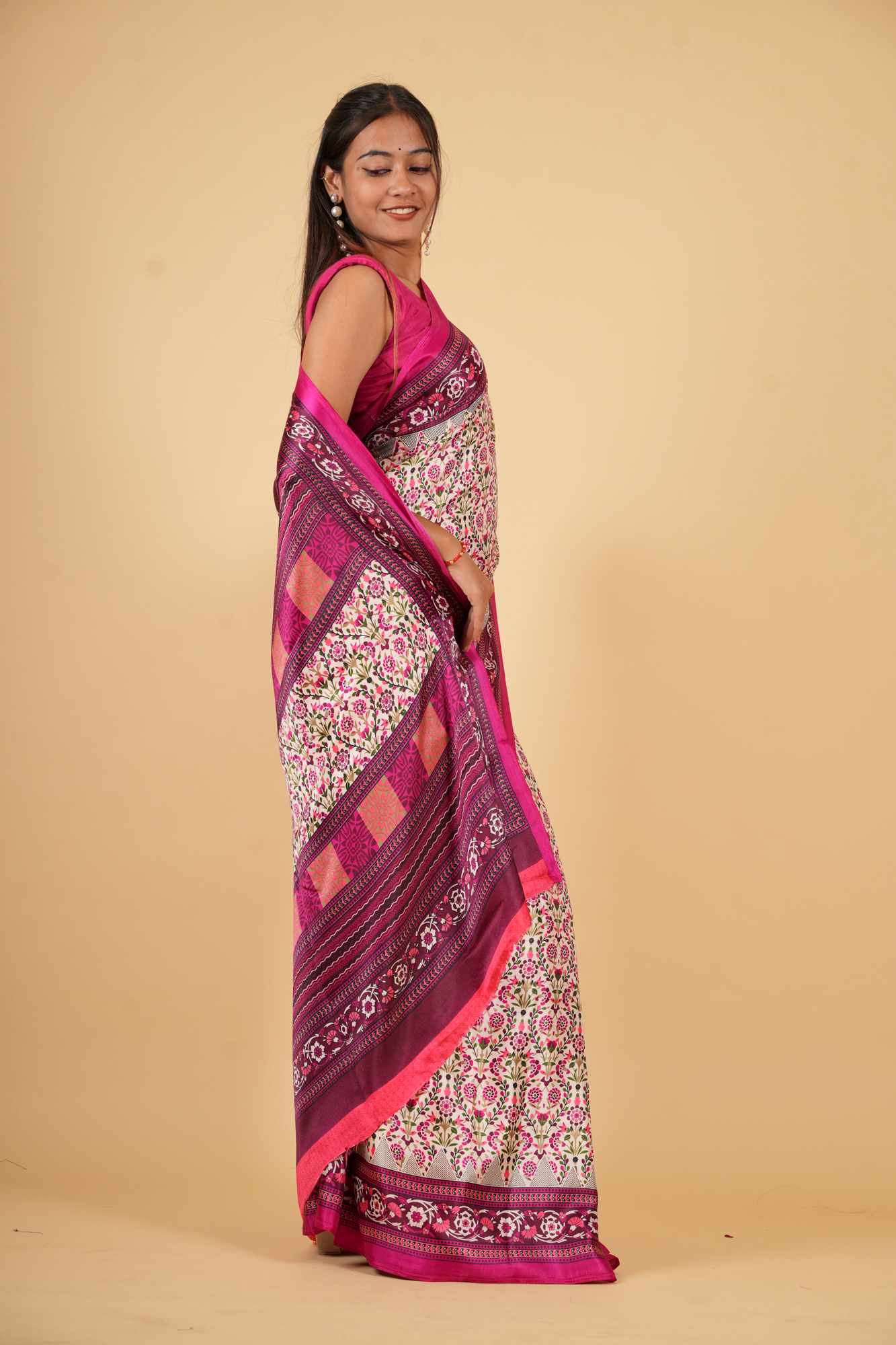 Ivory & Magenta Silk Blend with Floral Weave Ready To Wear Saree
