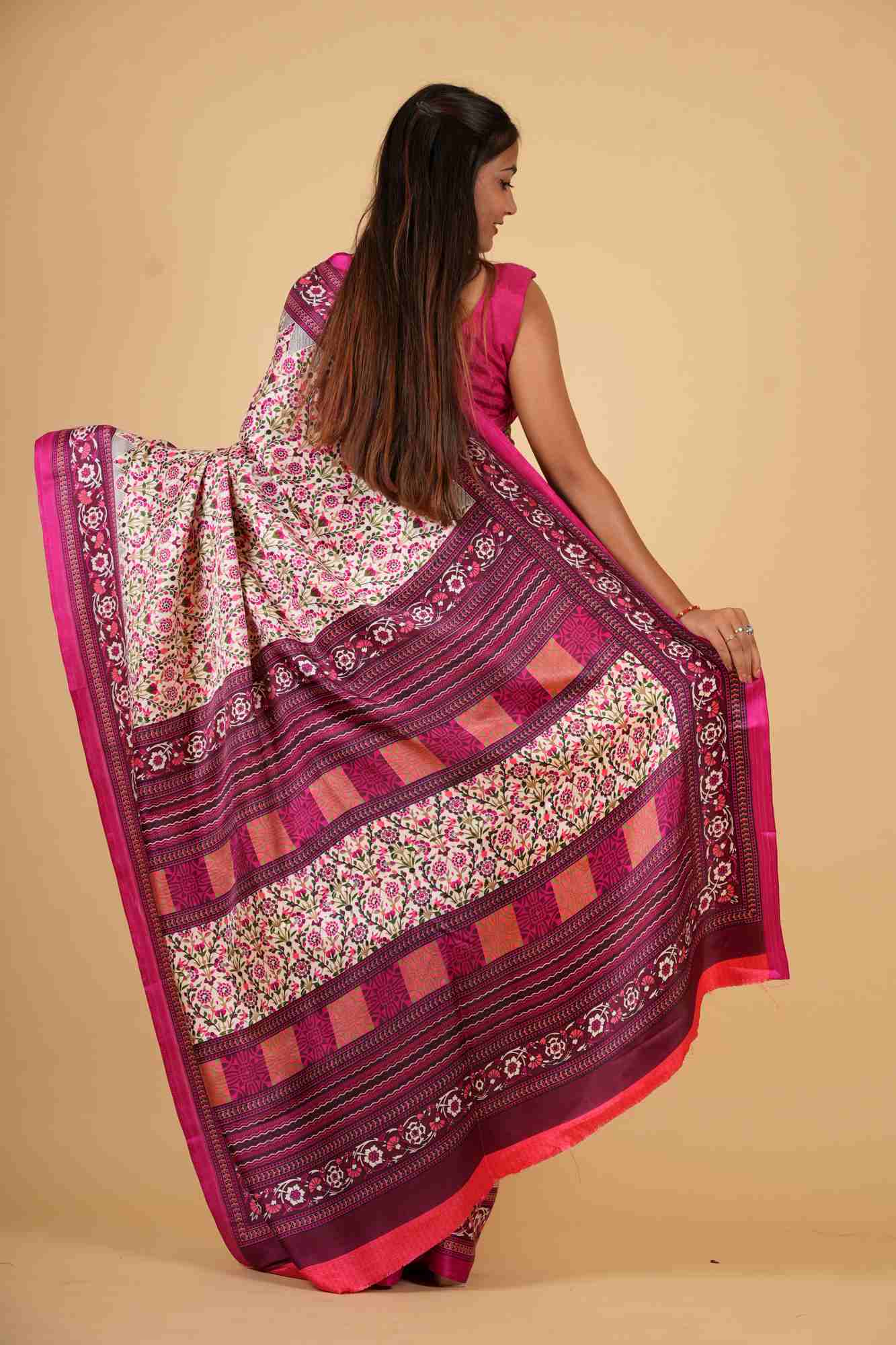 Ivory & Magenta Silk Blend with Floral Weave Ready To Wear Saree