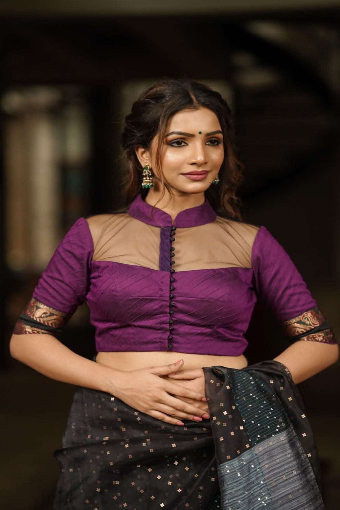 Grape rawsilk pintuck collar neck blouse with black net yoke, Made to Order