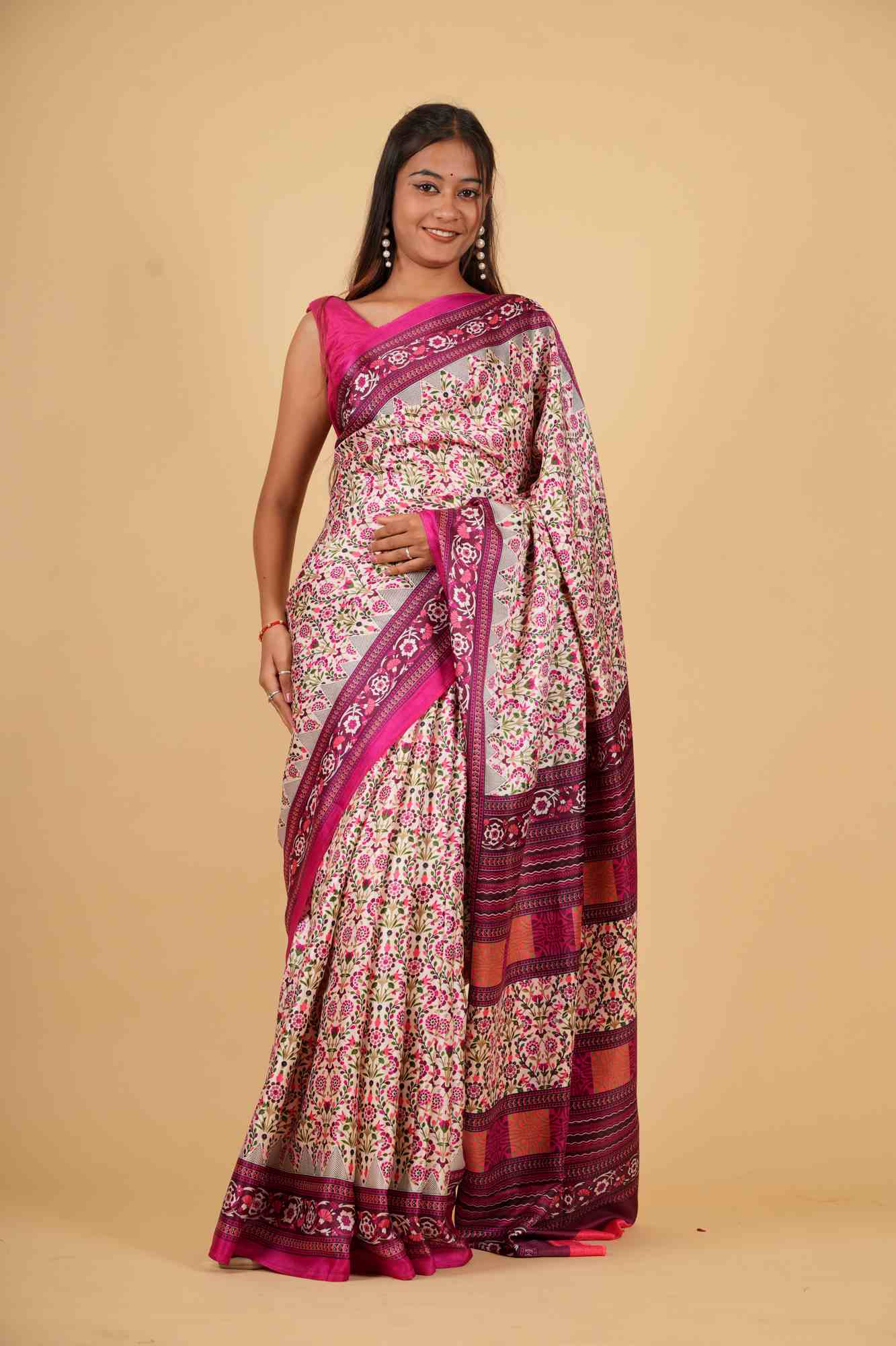 Ivory & Magenta Silk Blend with Floral Weave Ready To Wear Saree