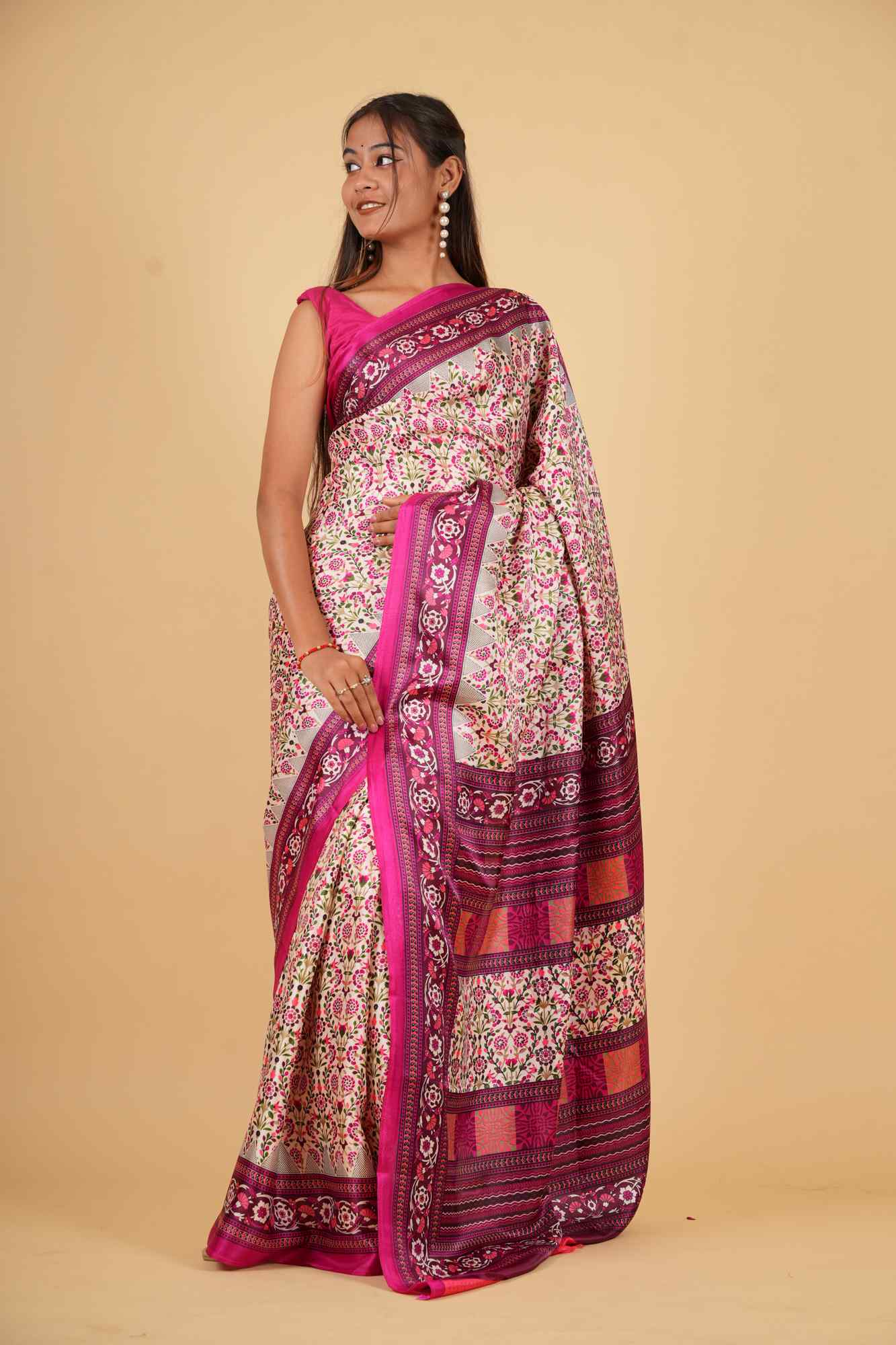 Ivory & Magenta Silk Blend with Floral Weave Ready To Wear Saree