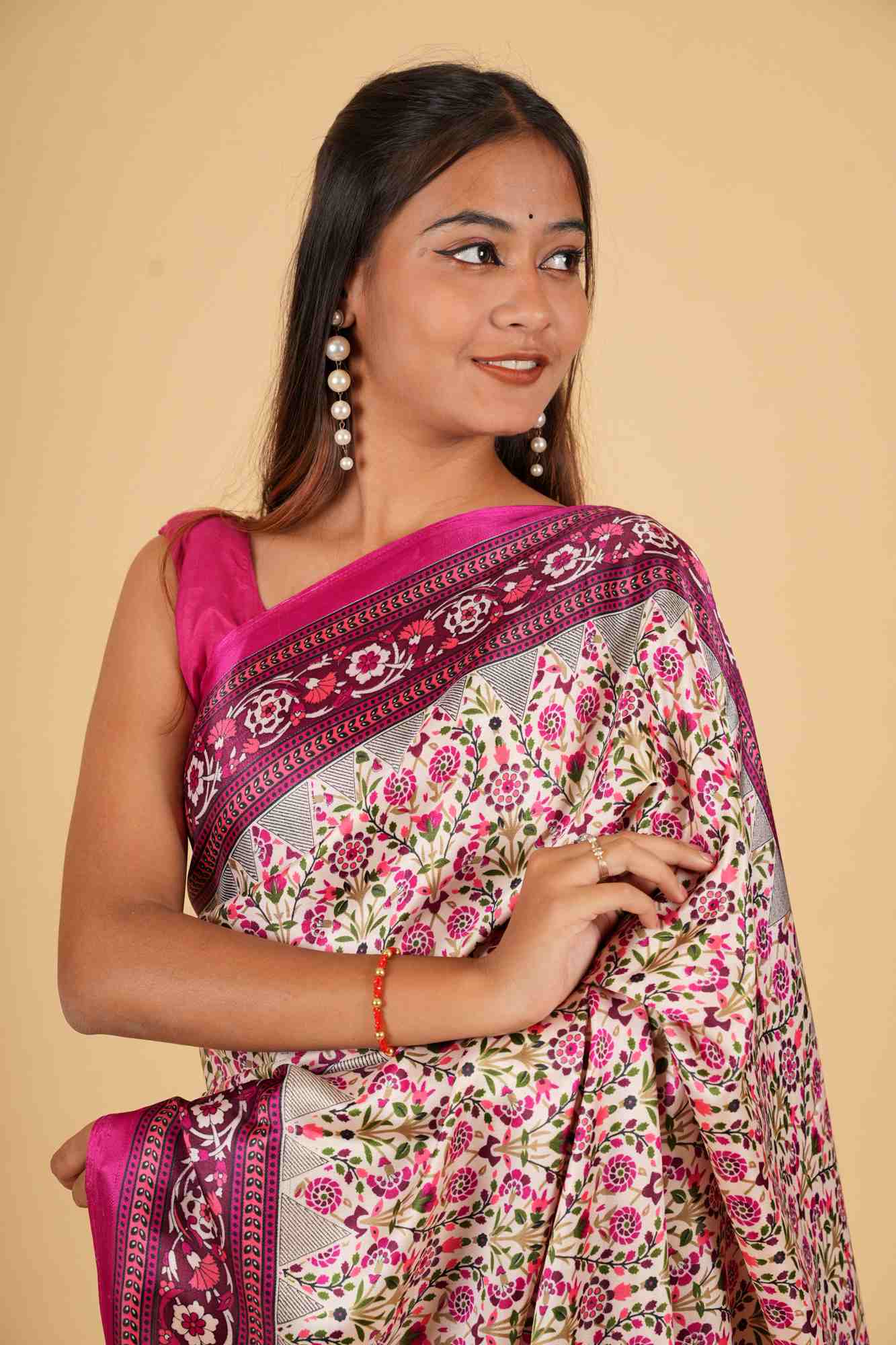 Ivory & Magenta Silk Blend with Floral Weave Ready To Wear Saree