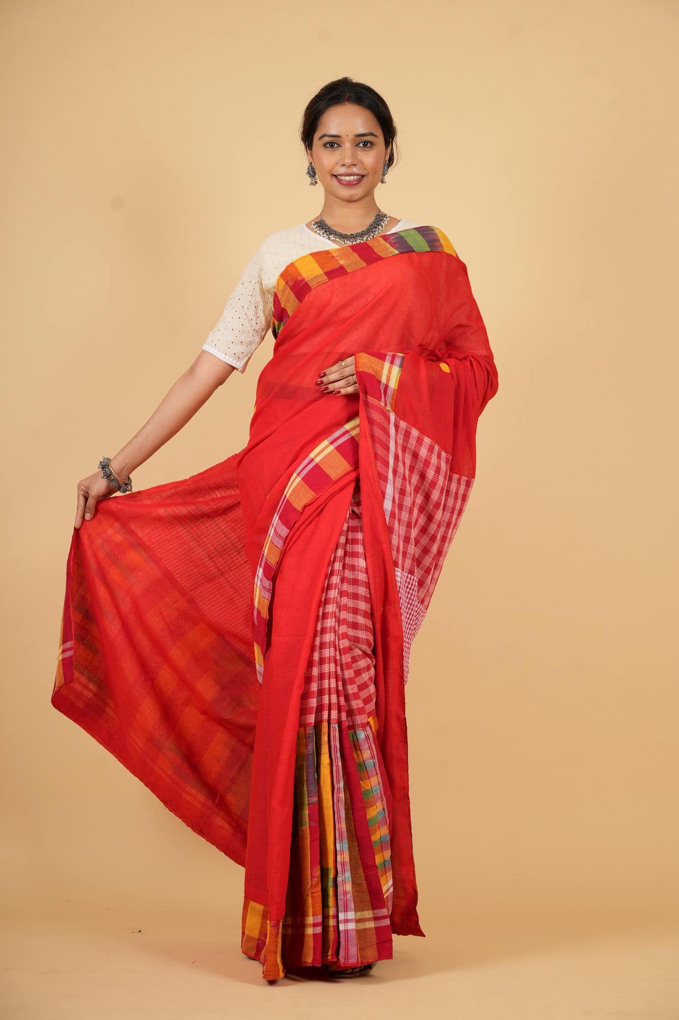 Cotton Red Gamcha Pattern Mix & Match Ready To Wear Saree