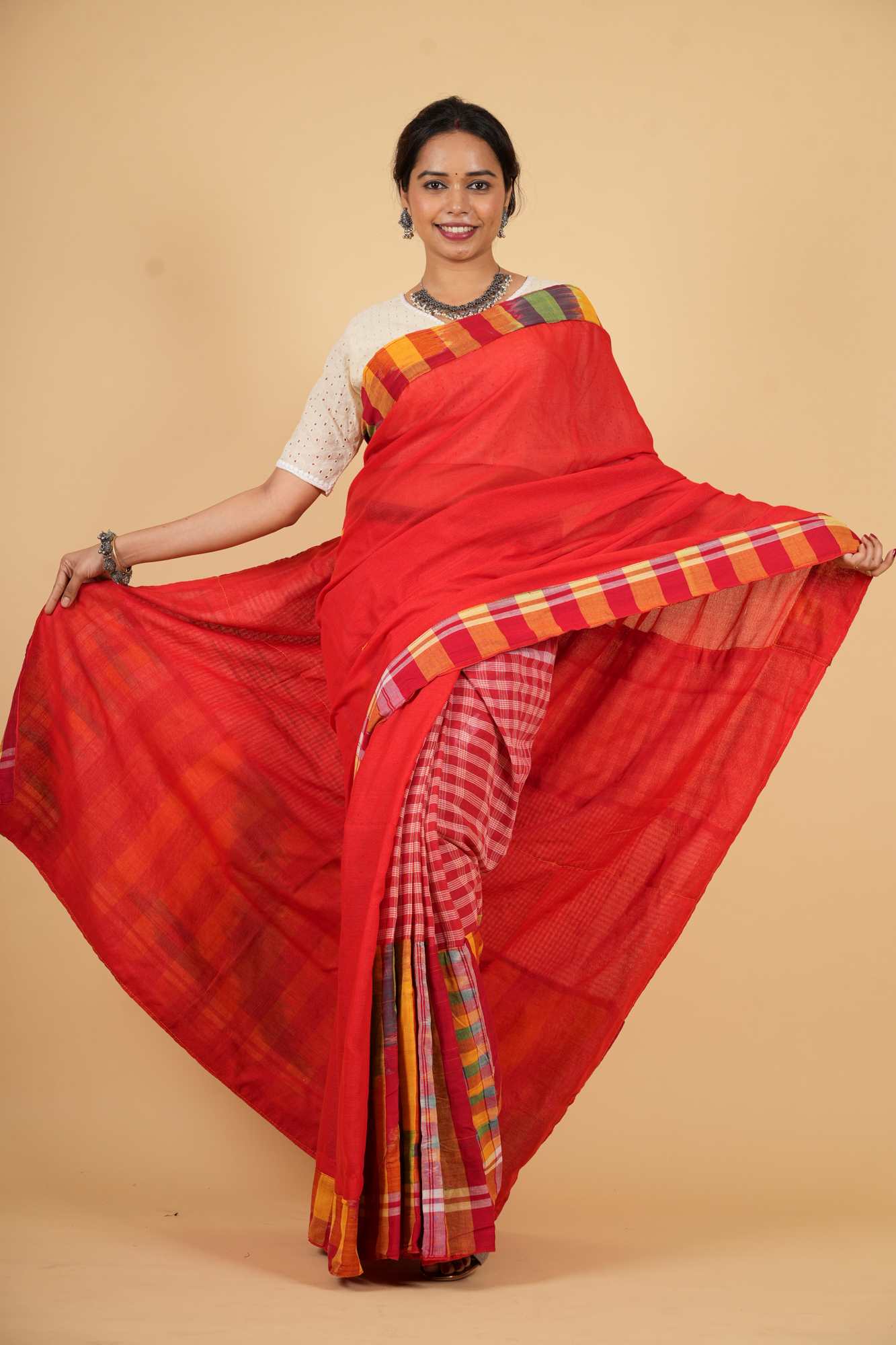 Cotton Red Gamcha Pattern Mix & Match Ready To Wear Saree