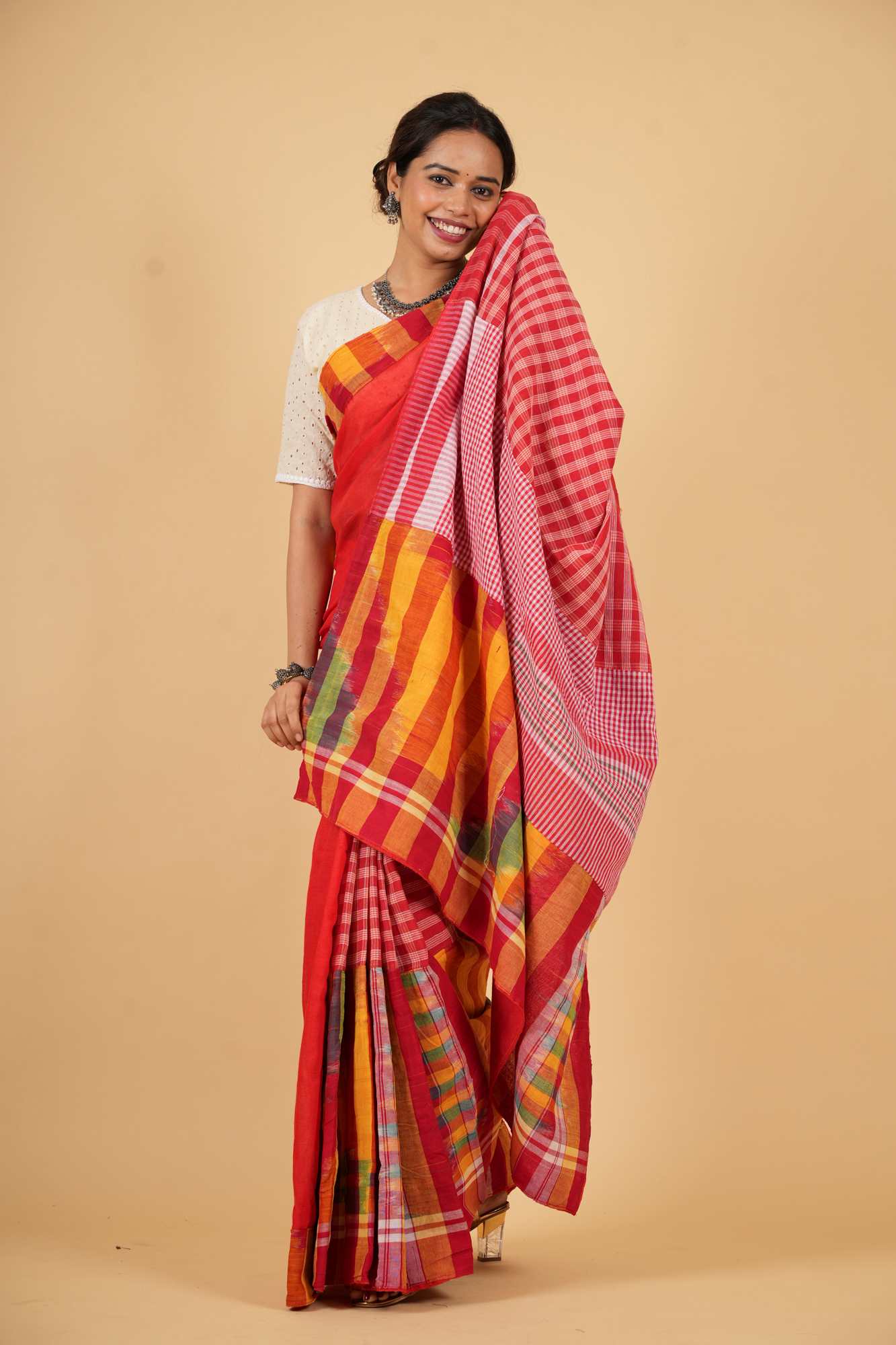 Cotton Red Gamcha Pattern Mix & Match Ready To Wear Saree