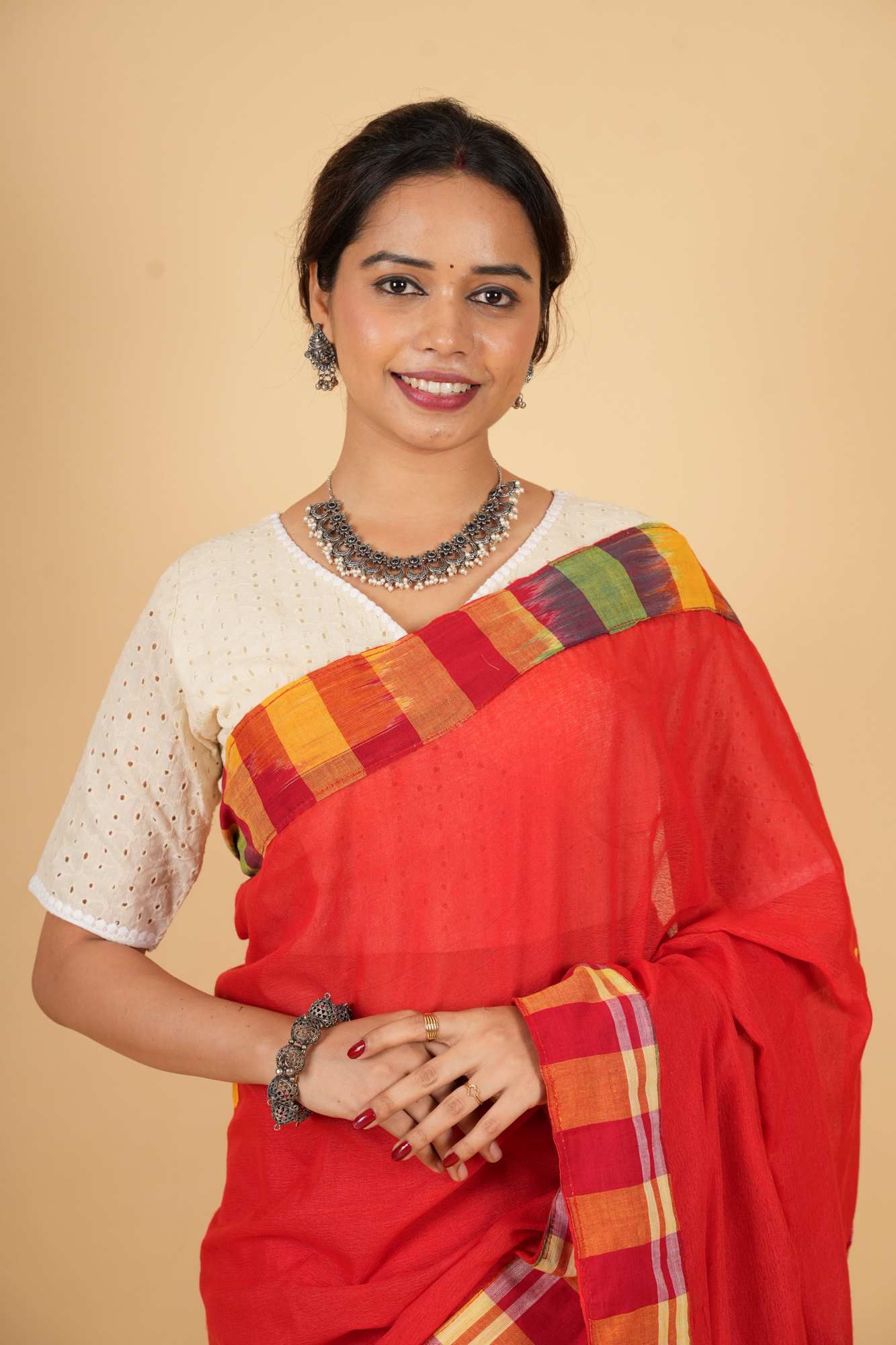 Cotton Red Gamcha Pattern Mix & Match Ready To Wear Saree