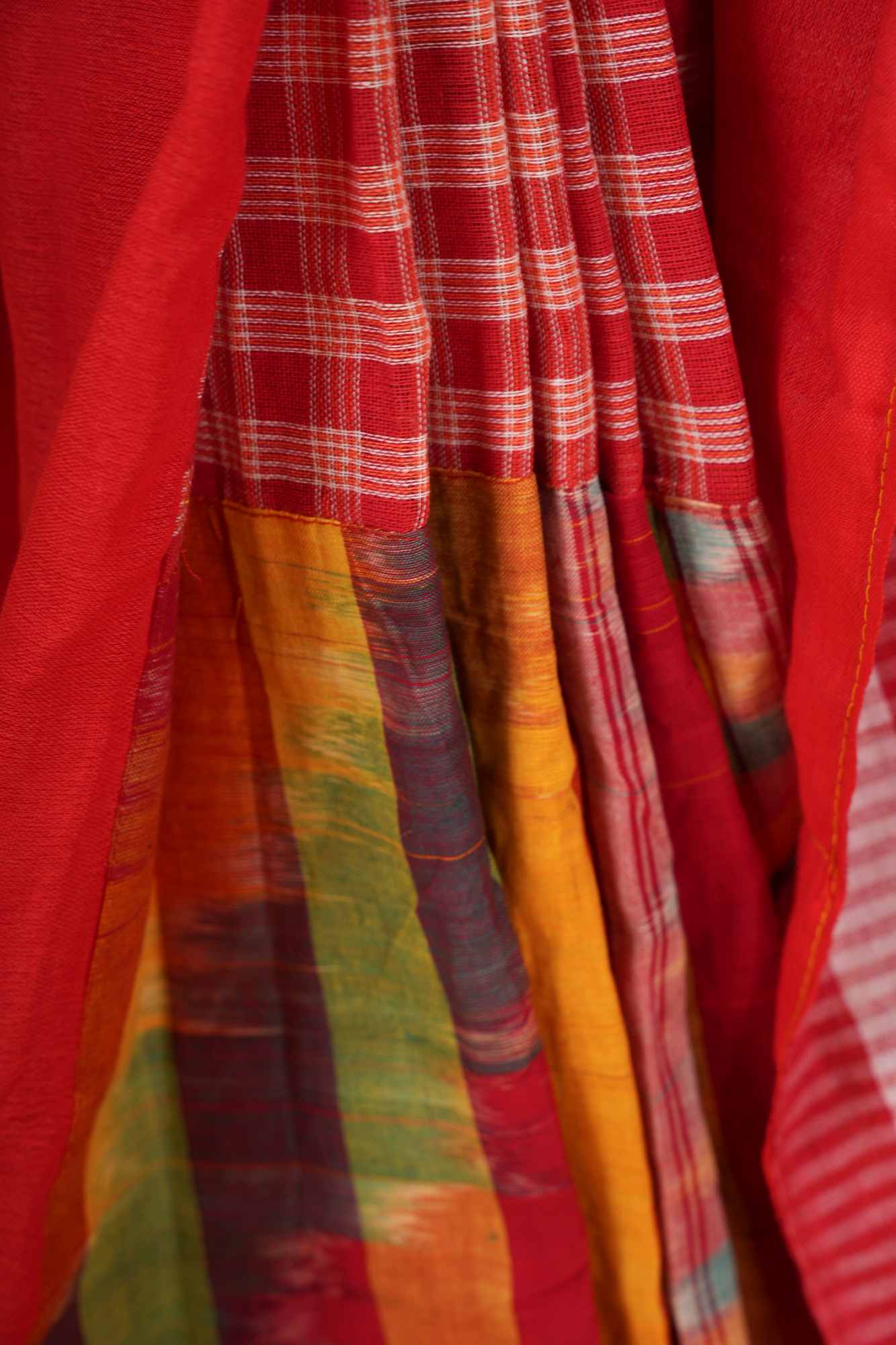 Cotton Red Gamcha Pattern Mix & Match Ready To Wear Saree