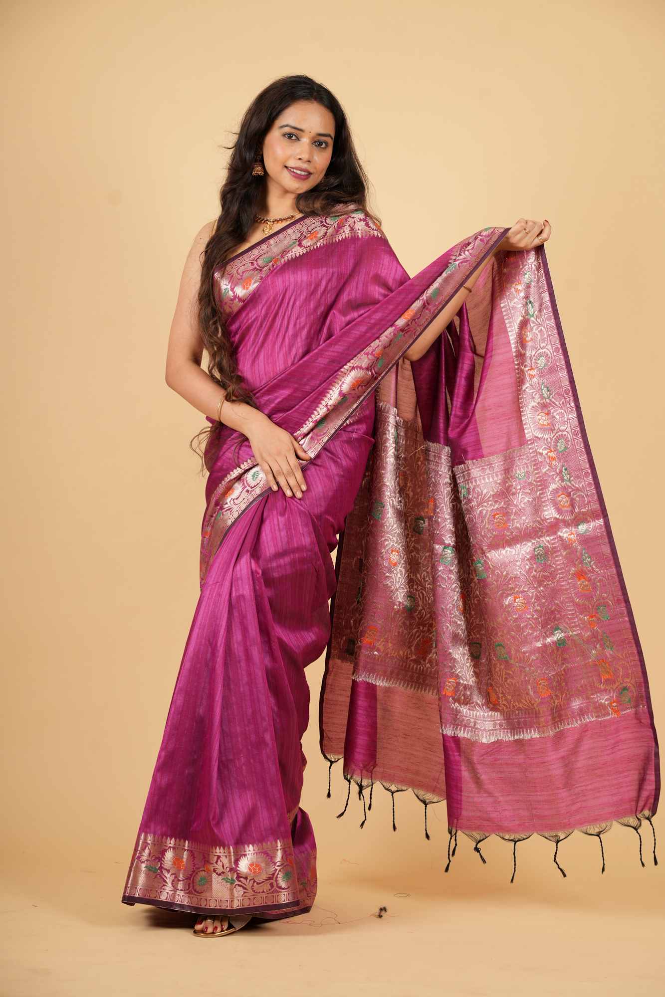 Premium Banarasi with Meenakari Zari Woven Border Prestitched Saree