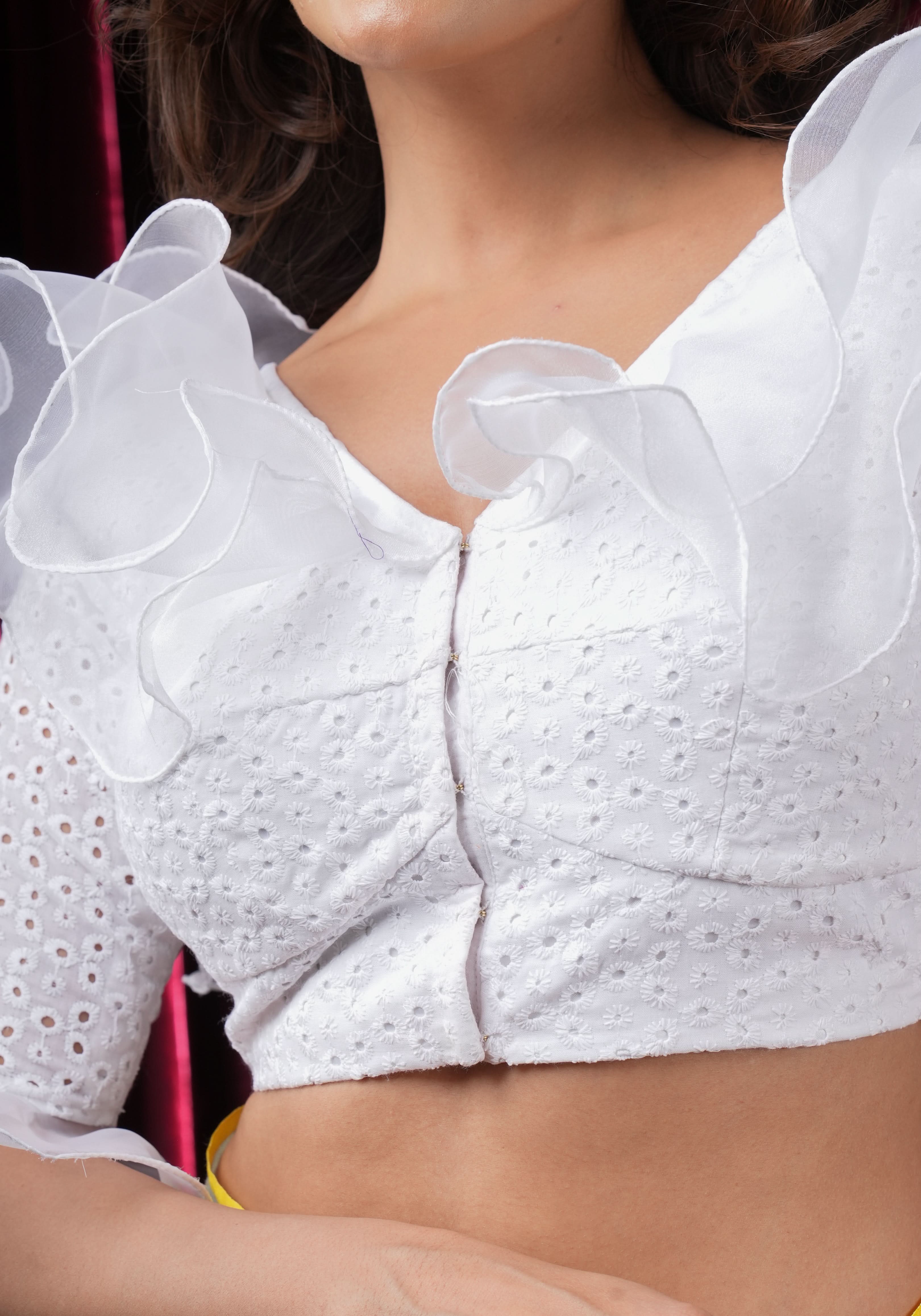 White Hakoba blouse with Organza Ruffle detailing , Made to Order | Shobitam
