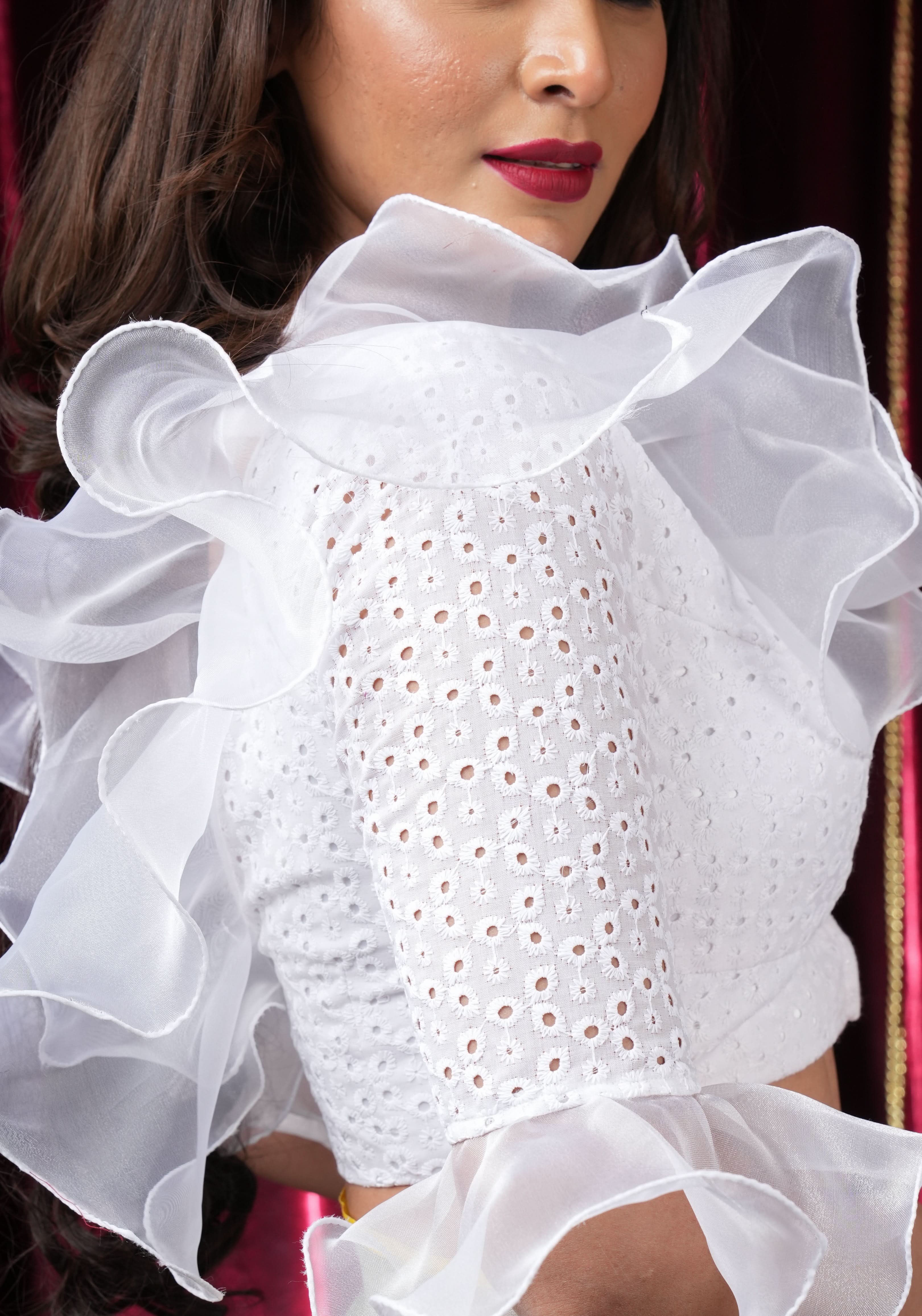 White Hakoba blouse with Organza Ruffle detailing , Made to Order | Shobitam