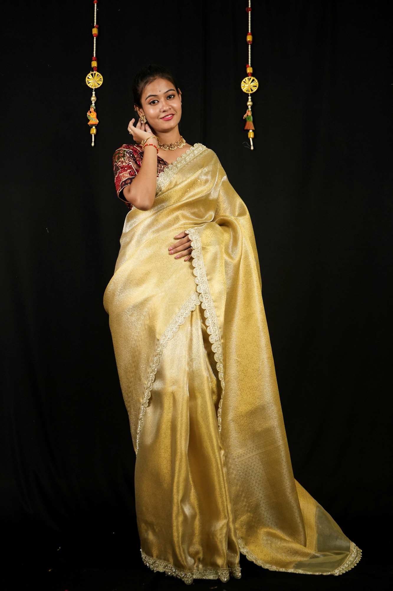Soft Tissue Silk with Intricate Embellished Border Ready To Wear Saree
