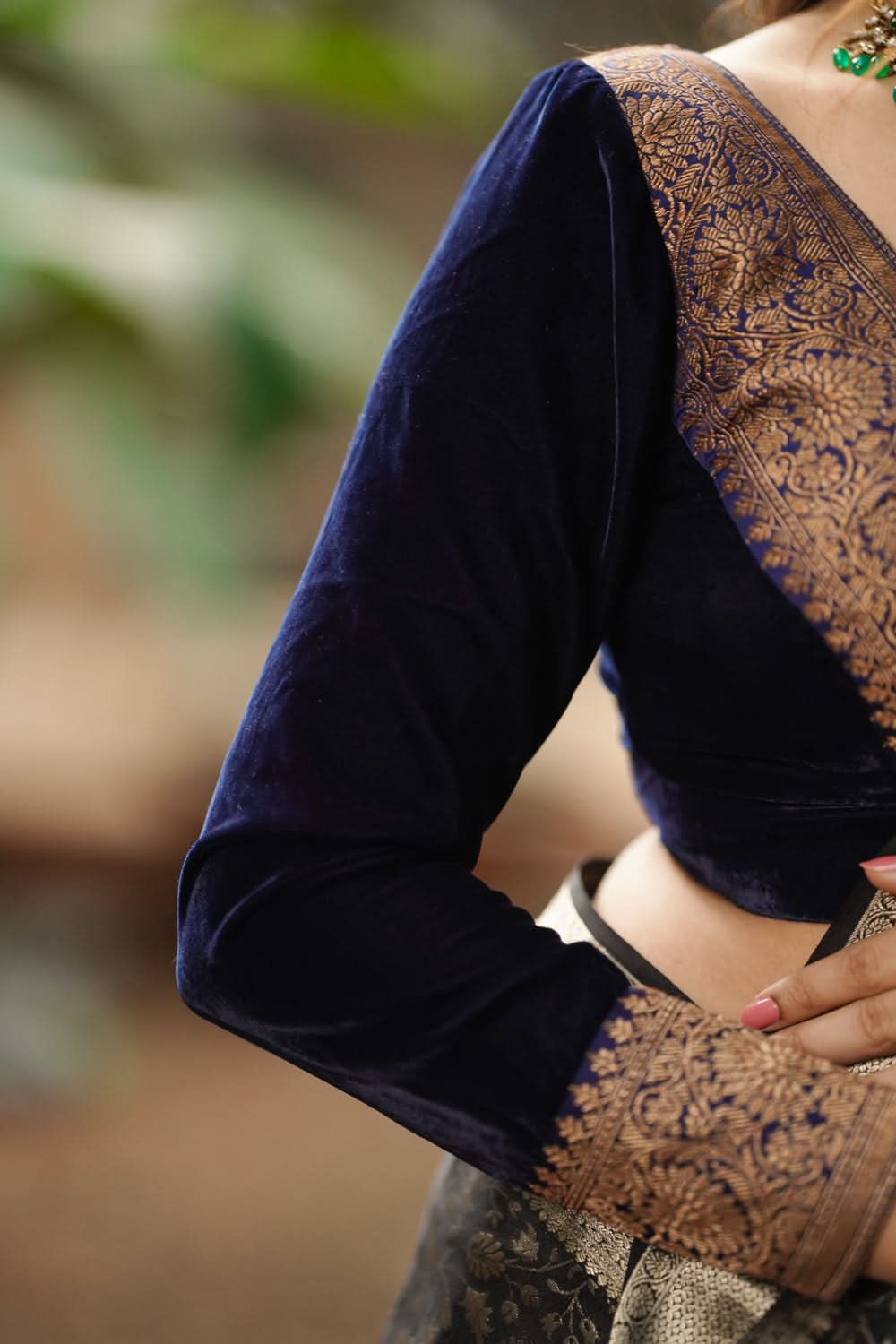 Midnight Blue Velvet Blouse with Antique Zari Plunge Neck Detailing, Made to Order | Shobitam