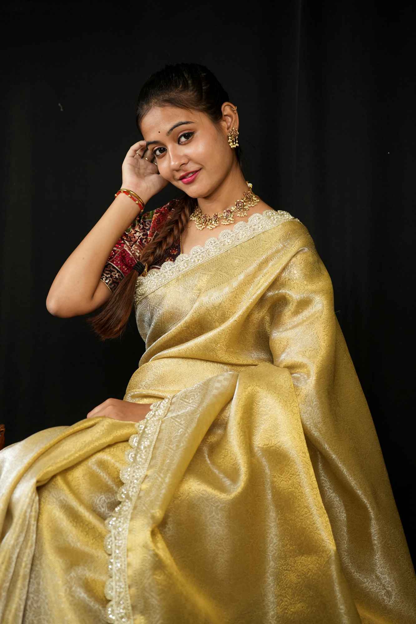 Soft Tissue Silk with Intricate Embellished Border Ready To Wear Saree