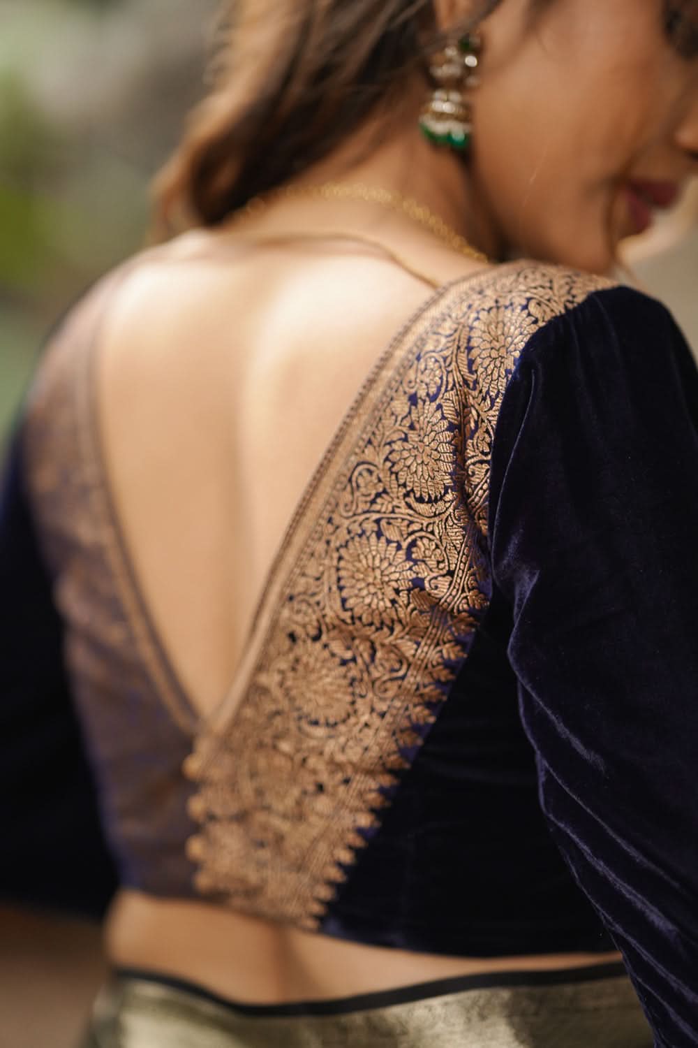 Midnight Blue Velvet Blouse with Antique Zari Plunge Neck Detailing, Made to Order | Shobitam