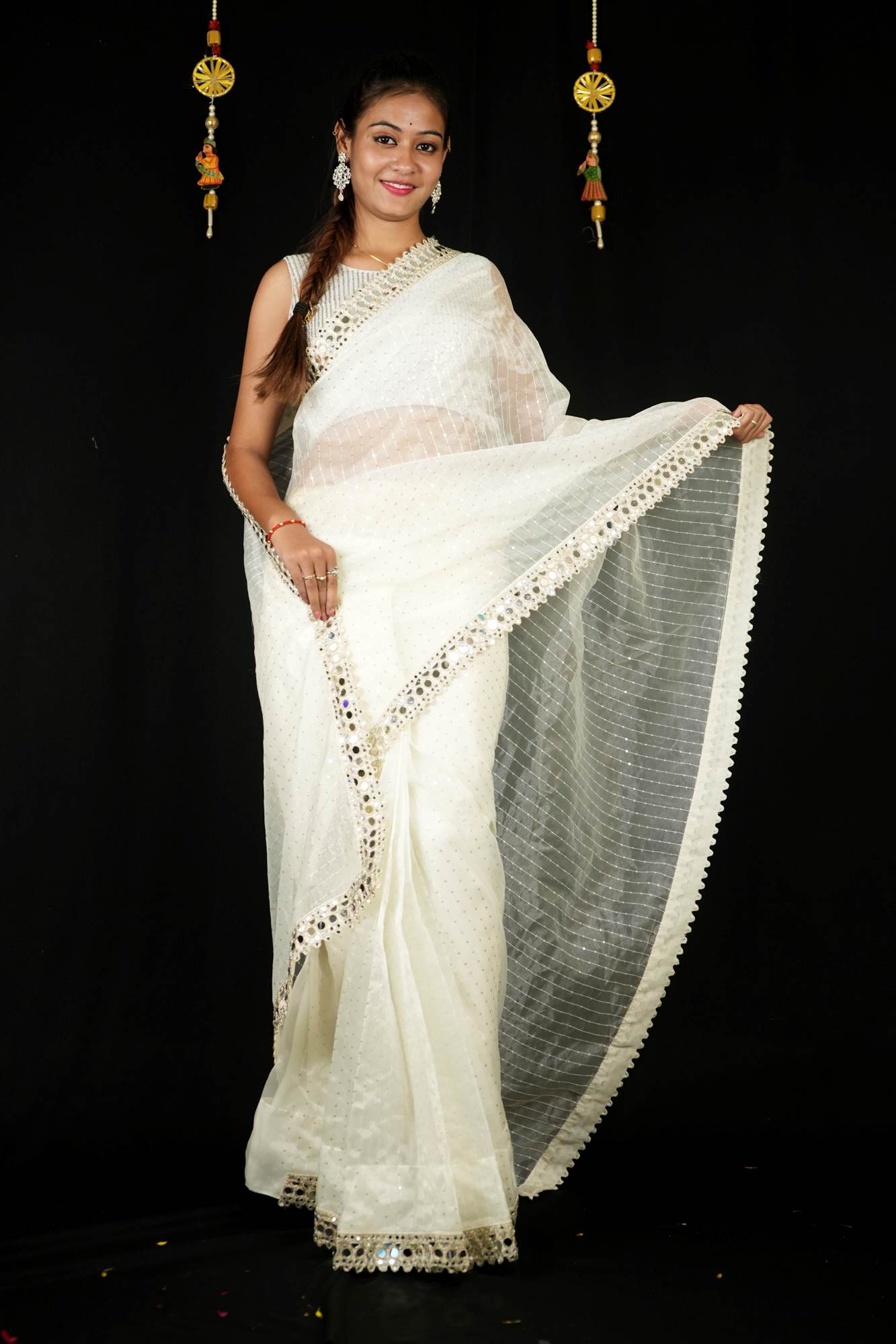 Organza With Sequin Embroidery & Mirror Border Ready To Wear Saree & ready blouse