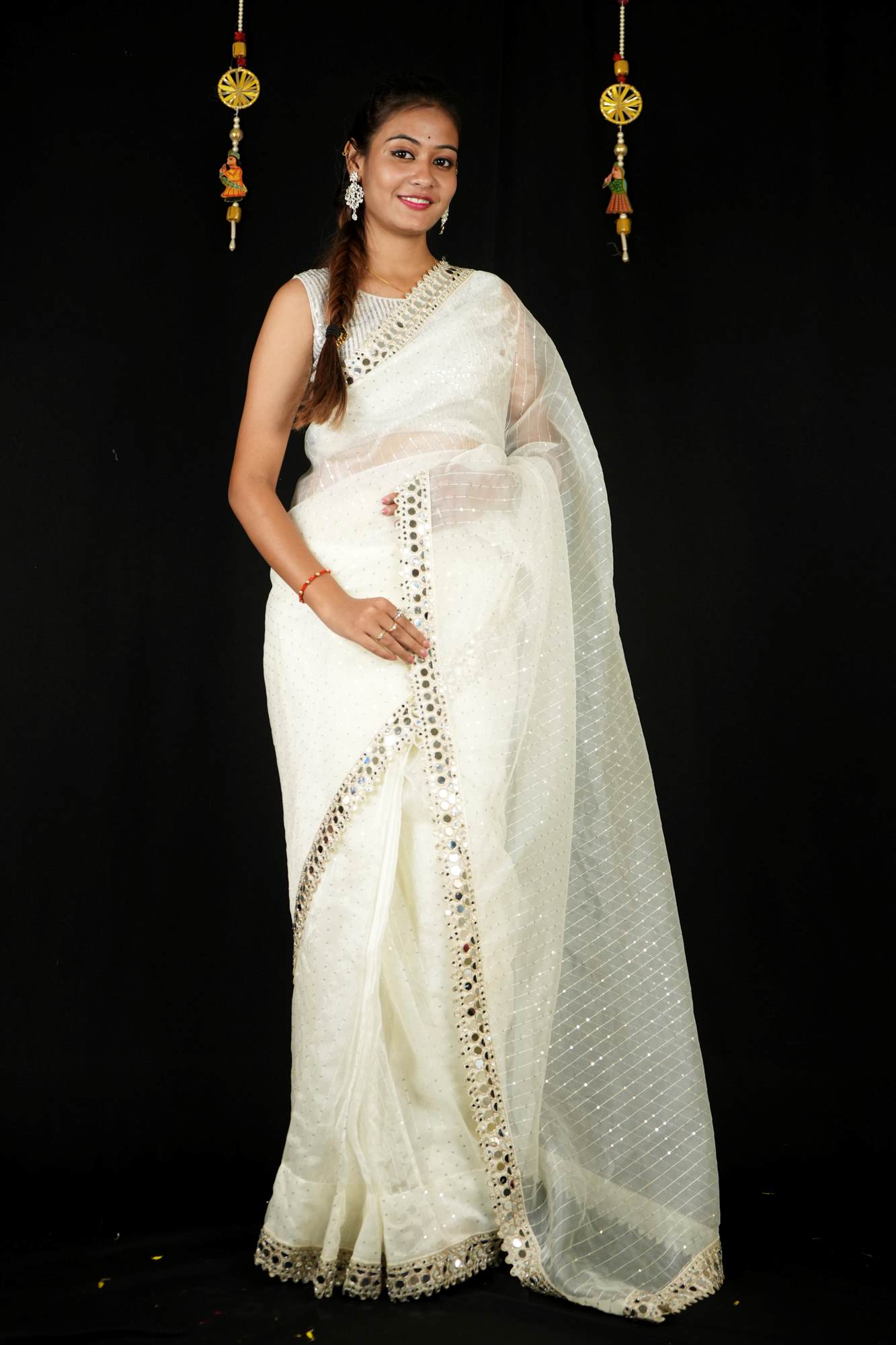 Organza With Sequin Embroidery & Mirror Border Ready To Wear Saree & ready blouse